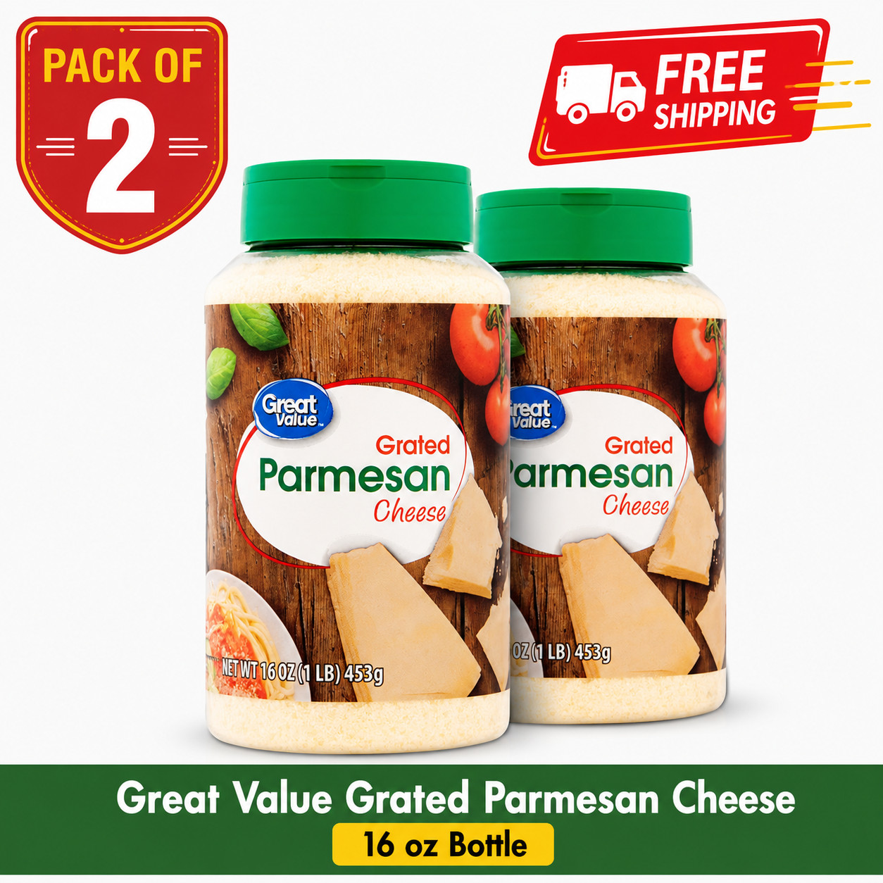 Great Value Grated Parmesan Cheese, 16 oz Each Pack OF 2 Free & Fast Shipping