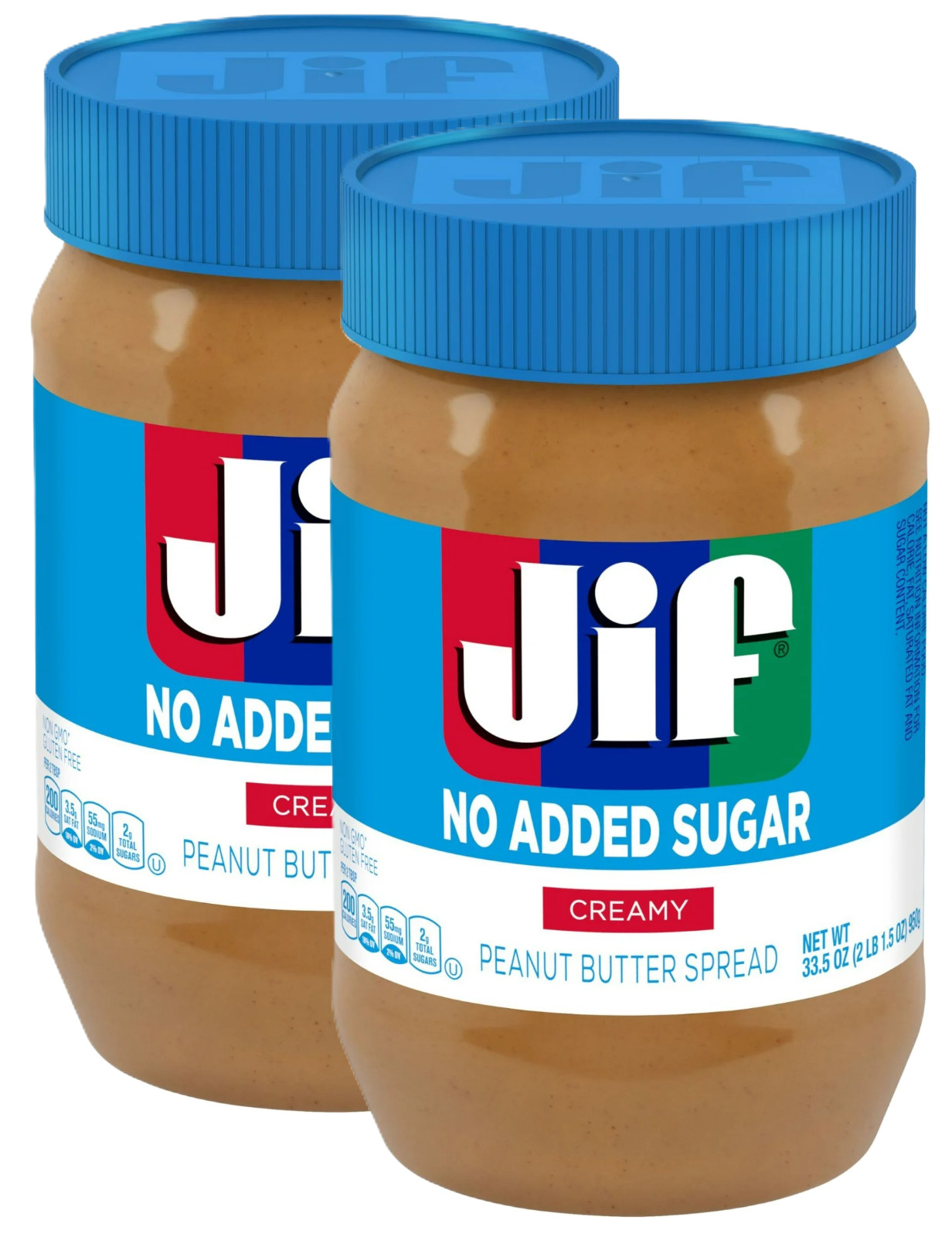Jif No Added Sugar Creamy Peanut Butter Spread, 33.5 oz – Smooth (2 Pack)