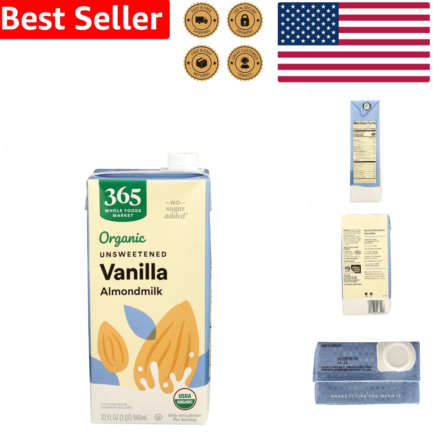 Organic Unsweetened Vanilla Almond Milk 32 Fl Oz Dairy-Free Beverage