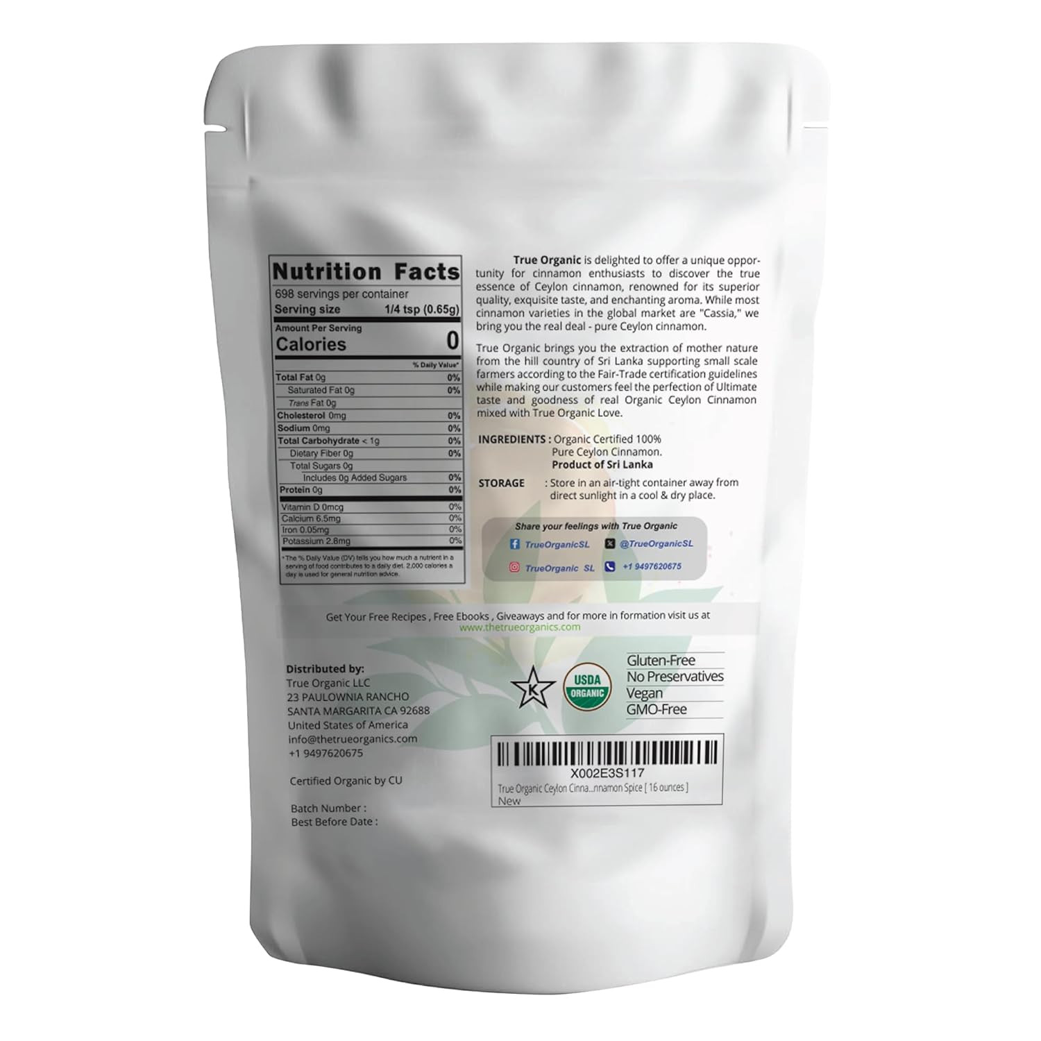 Pure Ceylon Cinnamon Powder, 1 Lb, Premium Grade, Gluten Free, USDA & Kosher Cer