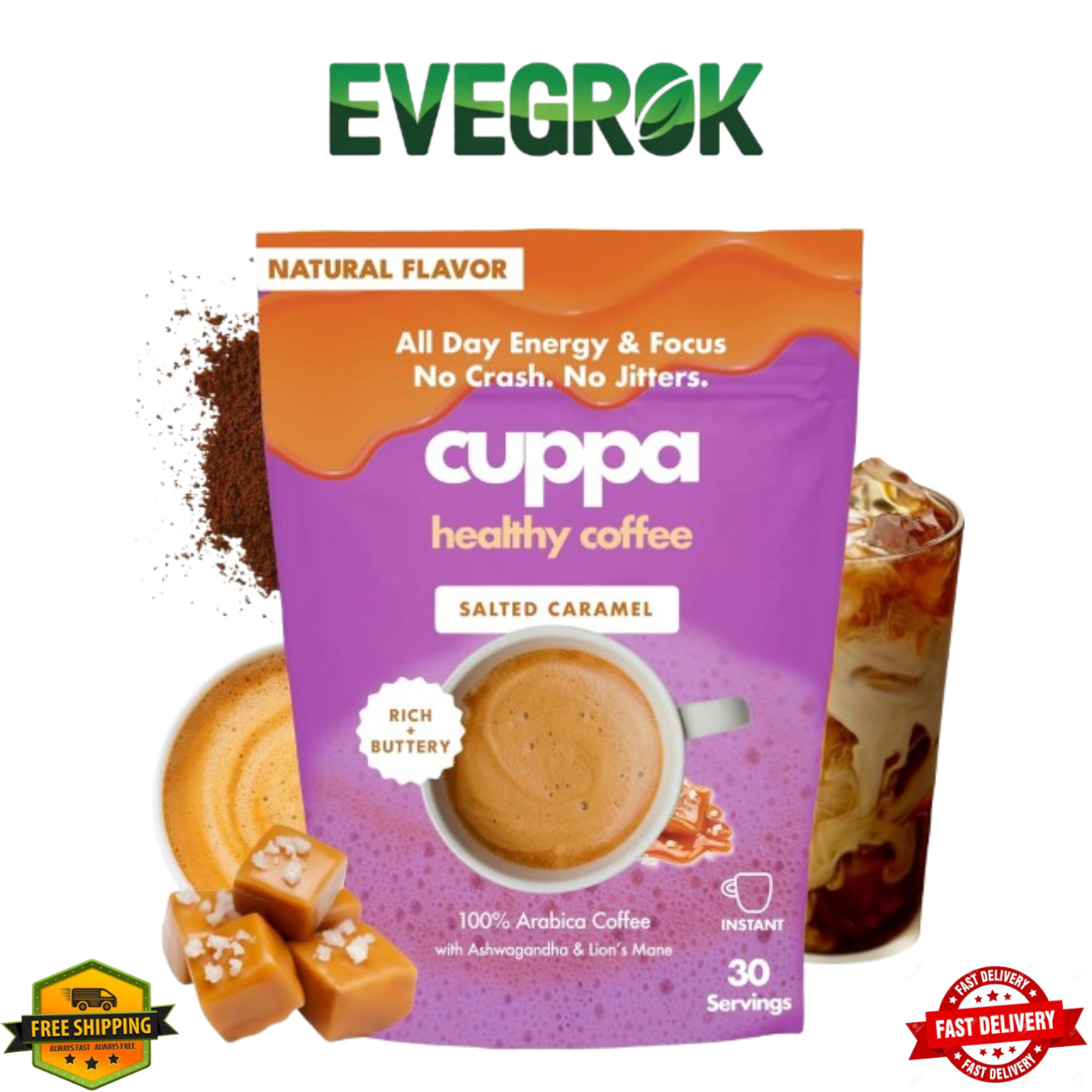 Cuppa Salted Caramel Mushroom Coffee | Lion’s Mane Ashwagandha MCT 30 Servings
