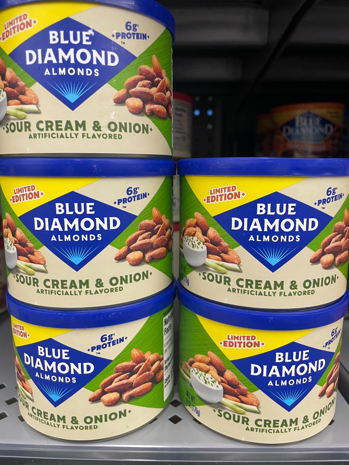 5 Pack Blue Diamond Sour Cream & Onion Almonds 6 oz Cans Protein Snack Non-GMO