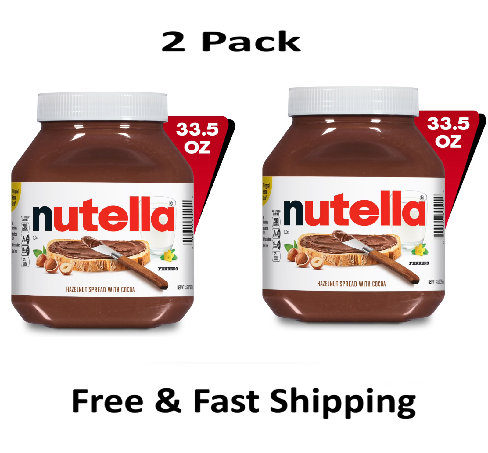 Nutella Hazelnut Spread with Cocoa for Breakfast, 33.5 oz Jar 2 pack