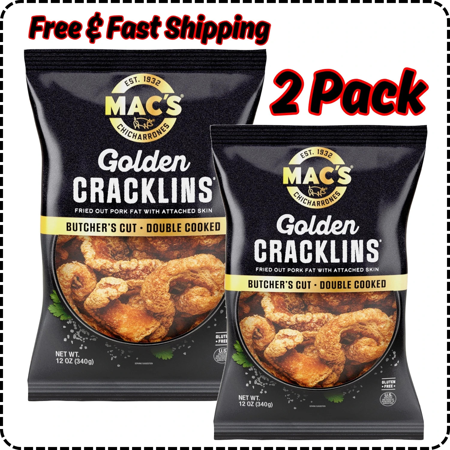 Mac’s Chicharrones Golden Cracklin Curls, Fried Pork Fat with Skin, 12 oz, 2Pack