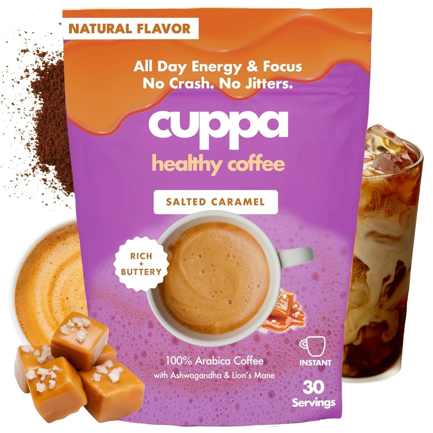 Cuppa Salted Caramel Mushroom Coffee with Adaptogens & Superfoods – 30 Servings