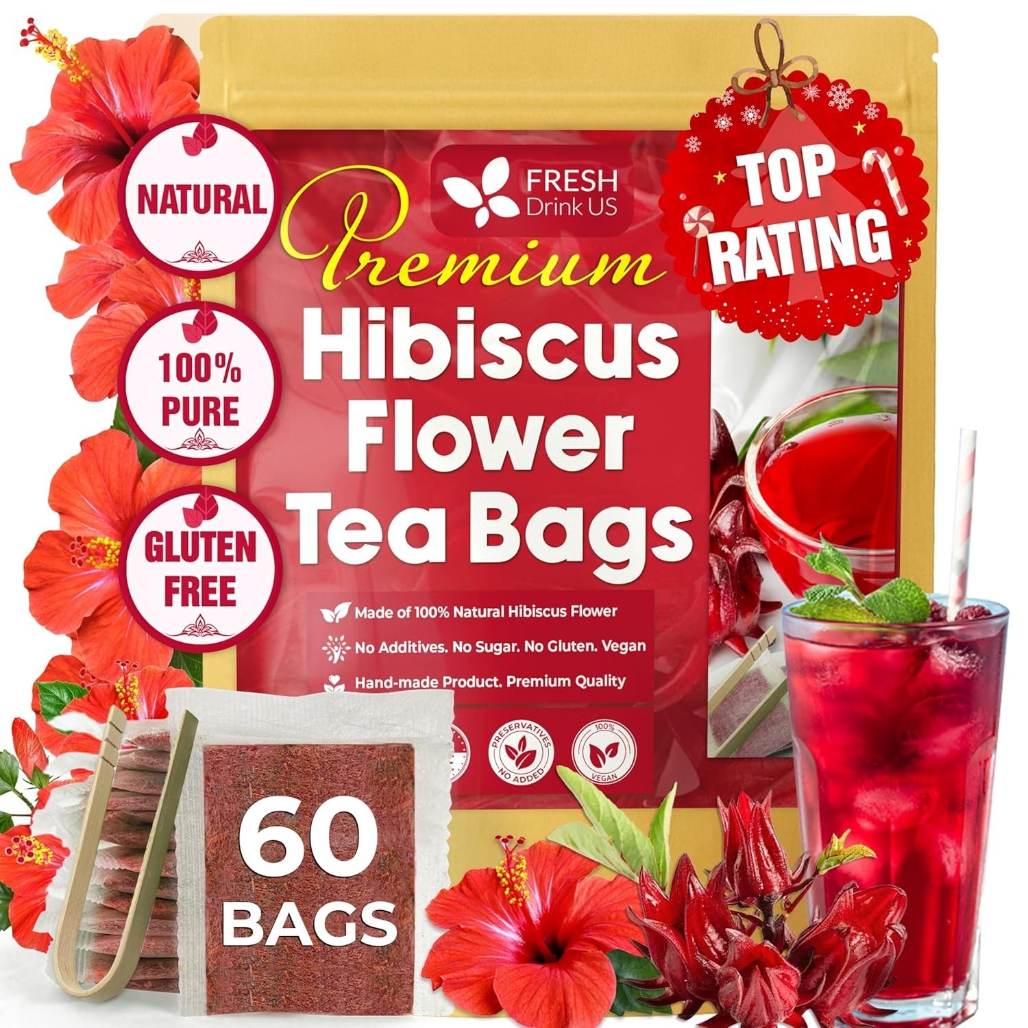 , Premium 140 Hibiscus Flowers Tea Bags, 100% Natural, Handmade & Pure from Hibi