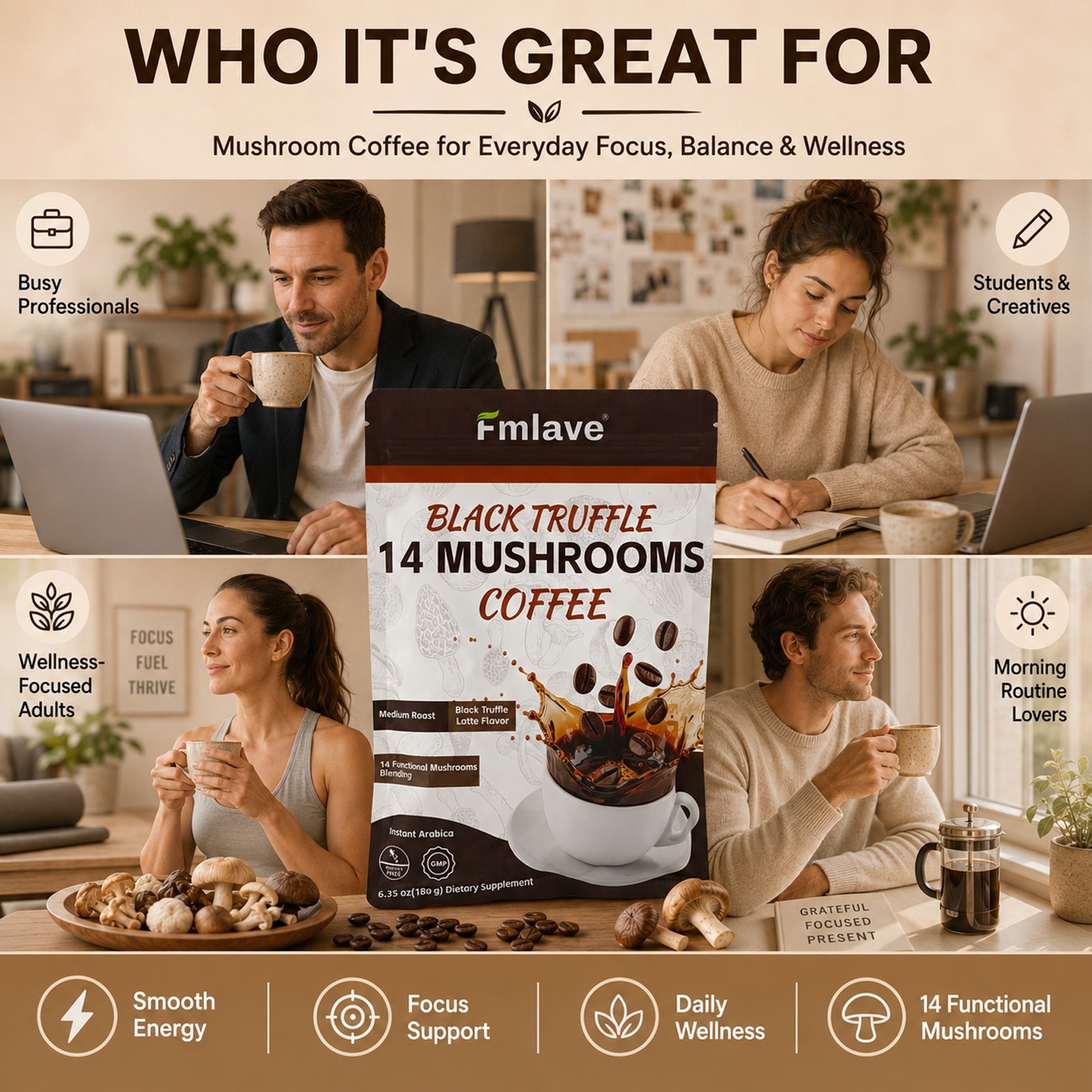 3 Pack Organic Mushroom Coffee 100% Authentic FREE SHIPPING Energy, Focus Immune