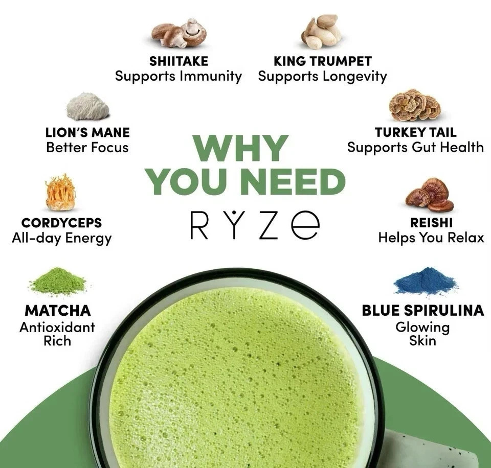 RYZE Mushroom Matcha, Organic Functional Mushroom Matcha Powder