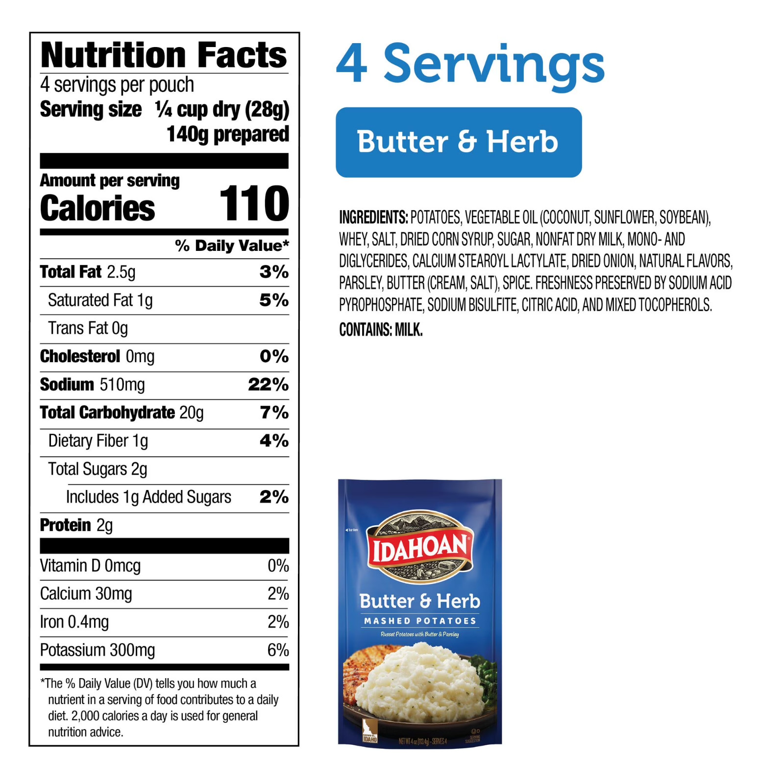(8 pack) Idahoan Butter & Herb Mashed Potatoes Side Dish, 4 oz