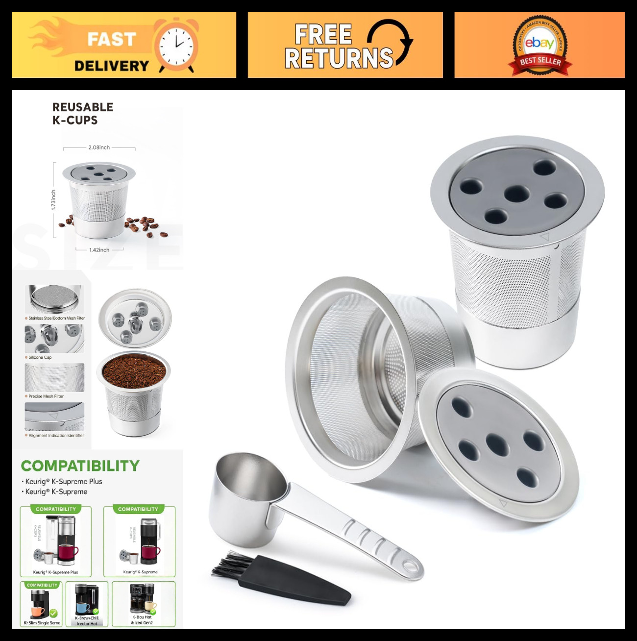 2 Pack Reusable Stainless Steel K Cups for Keurig, Universal Coffee Pod Filter &