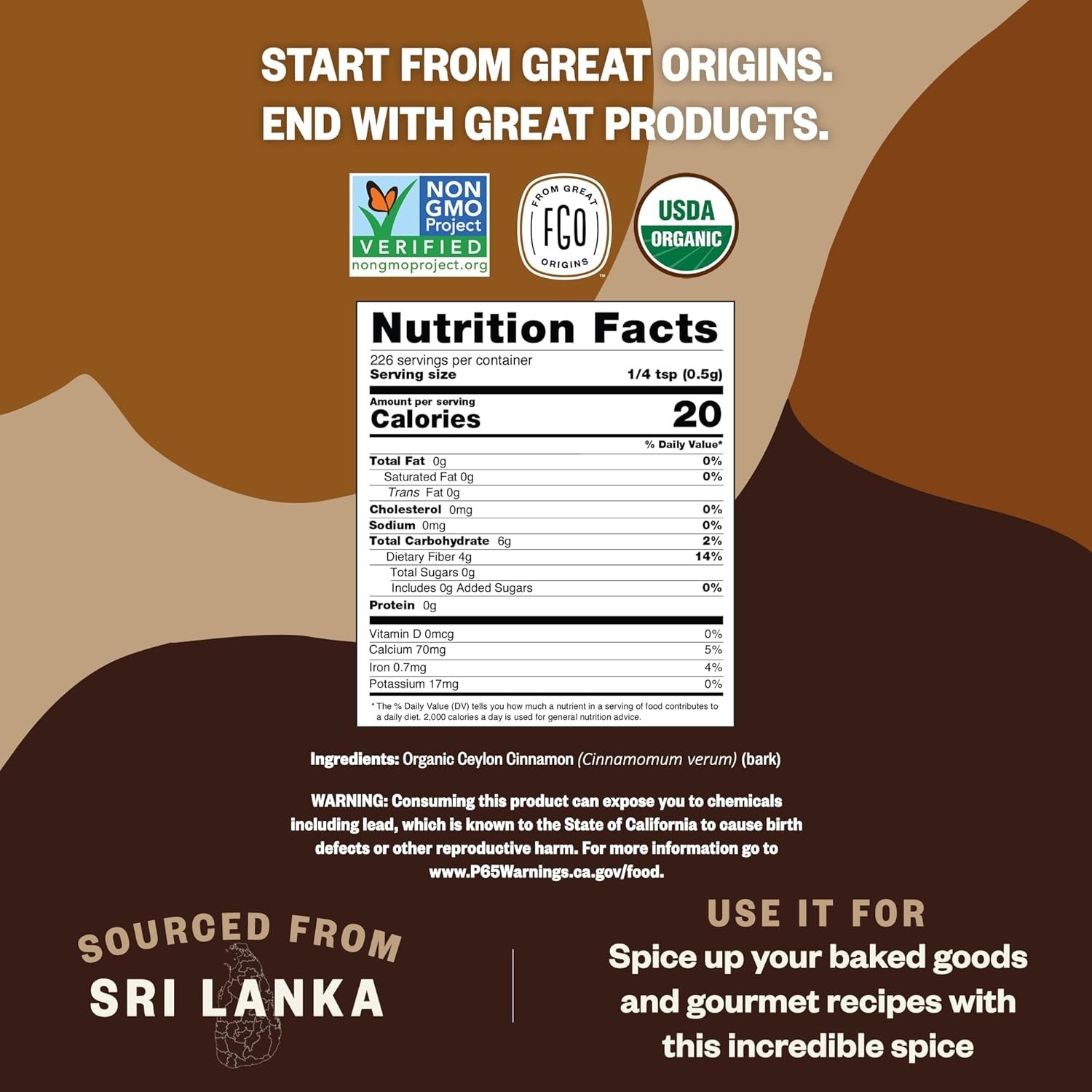 Fgo Organic Ceylon Cinnamon Powder, 16Oz Pure Sri Lanka Cinnamon For S