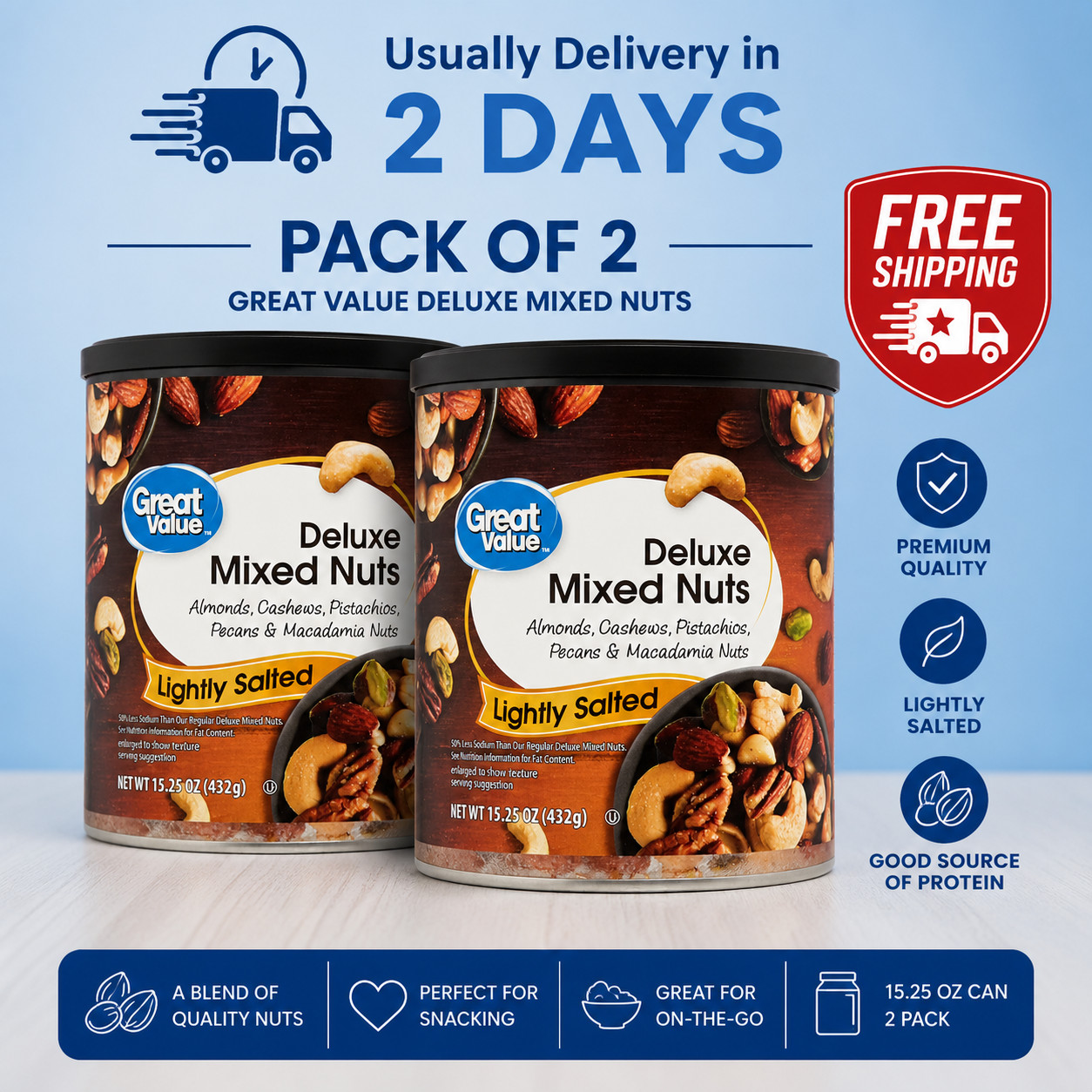 Great Value Lightly Salted, Deluxe Mixed Nuts, 15.25 oz 2 PACK