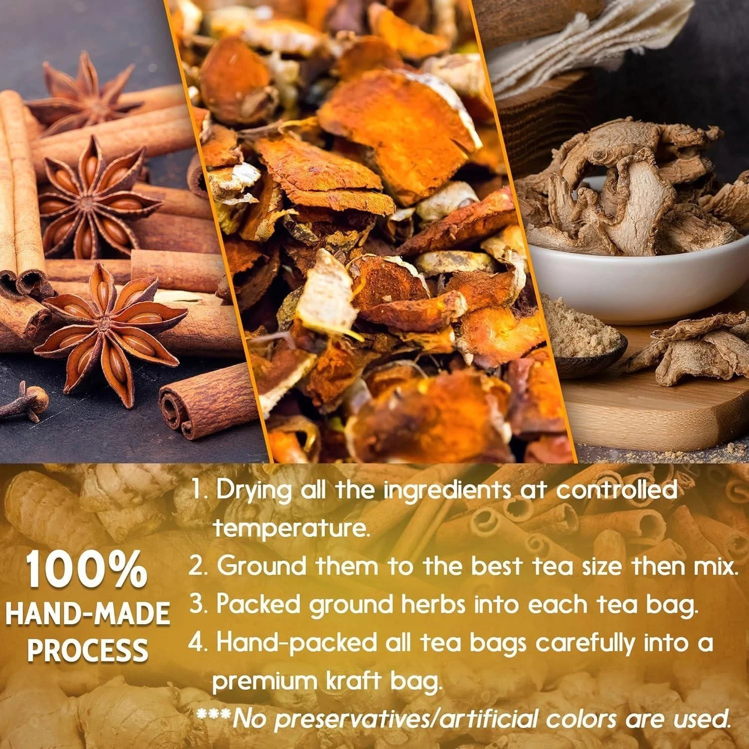 Premium Turmeric Ginger Cinnamon Tea Bags, 100% Natural &No Additive Support