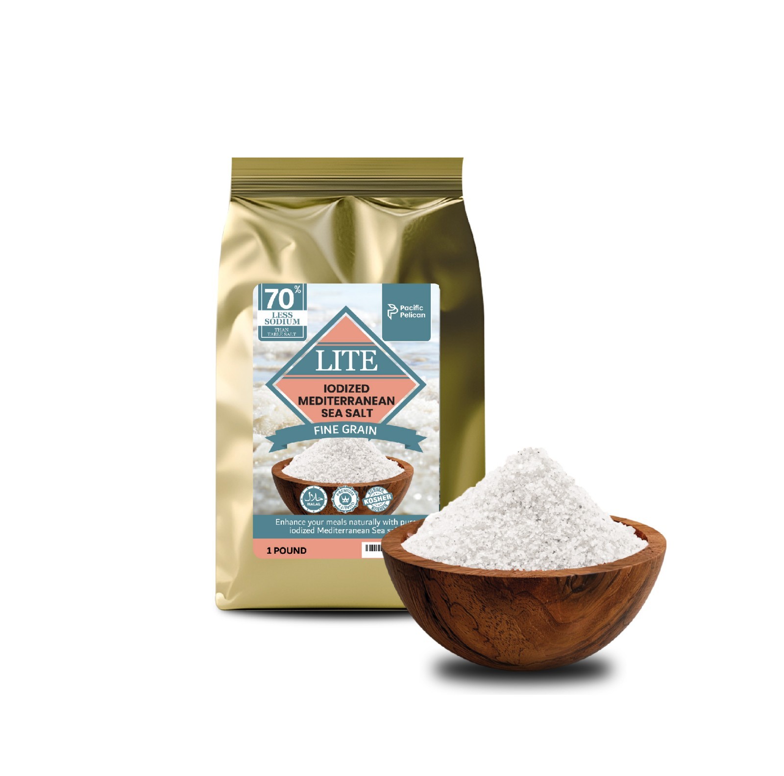 70% Less Sodium Iodized Mediterranean Fine Grain Sea Salt, 1LB