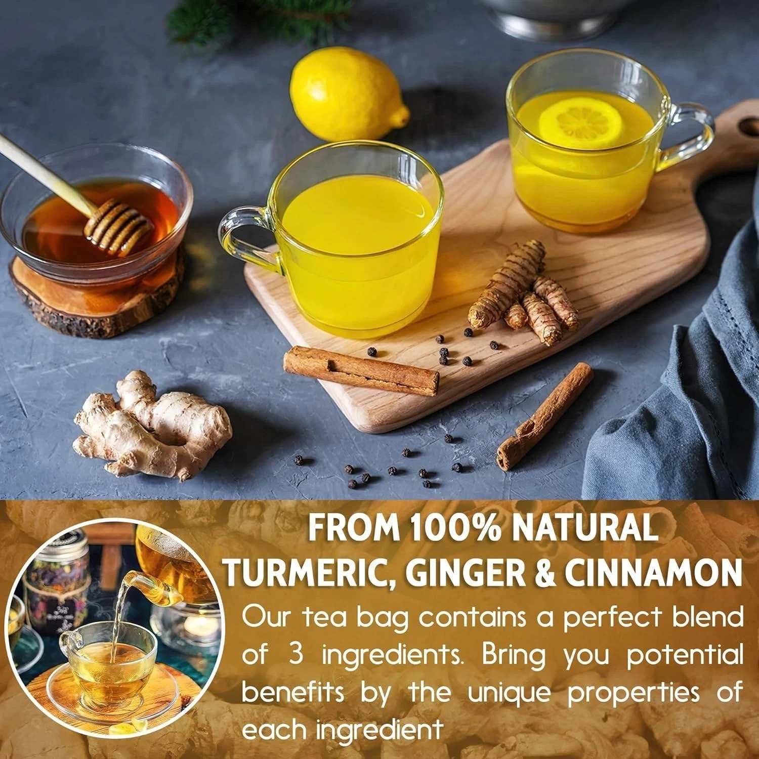 Premium Turmeric Ginger Cinnamon Tea Bags, 100% Natural &No Additive Support