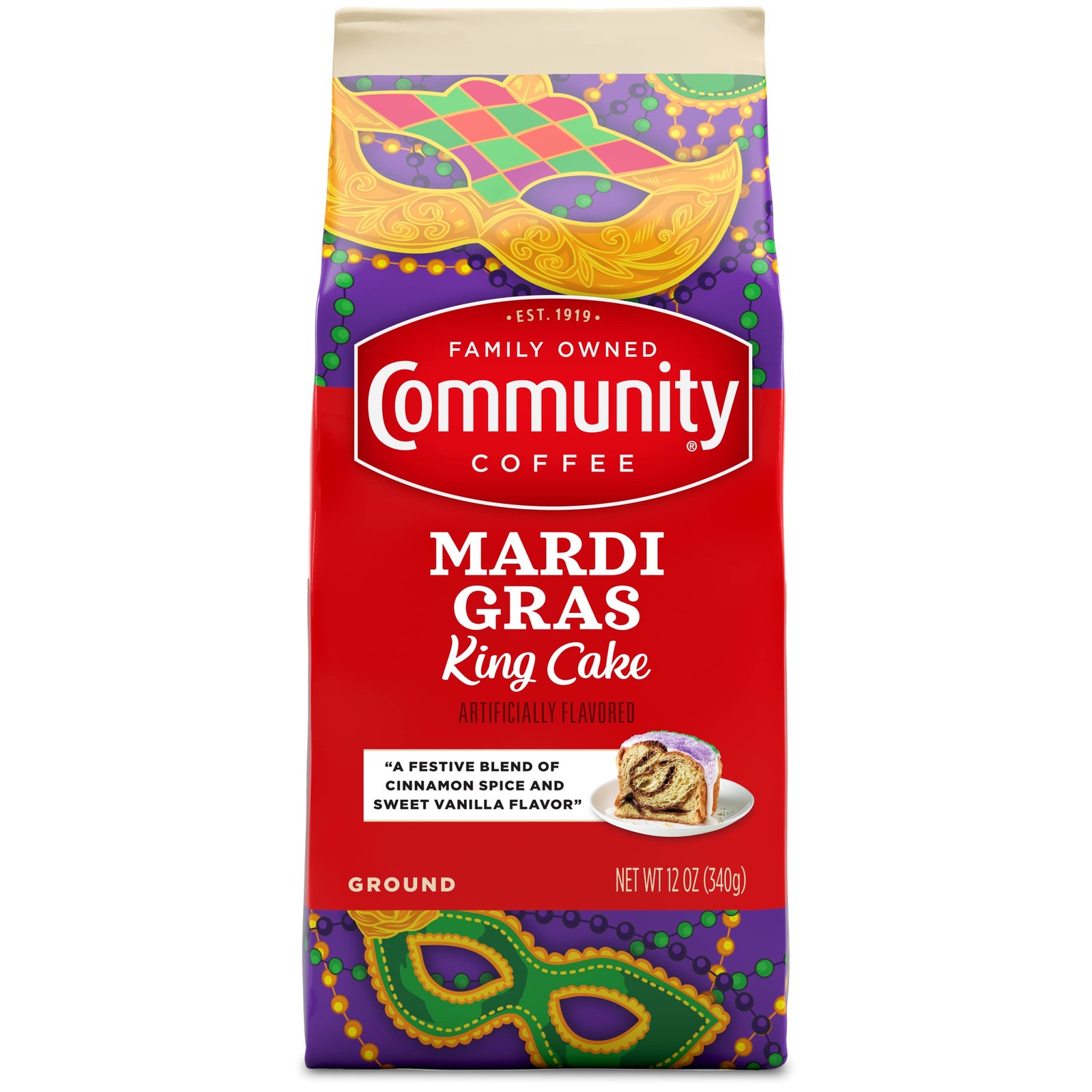 Community Coffee Mardi Gras King Cake Flavored 12 12 Ounce (Pack of 1), Red