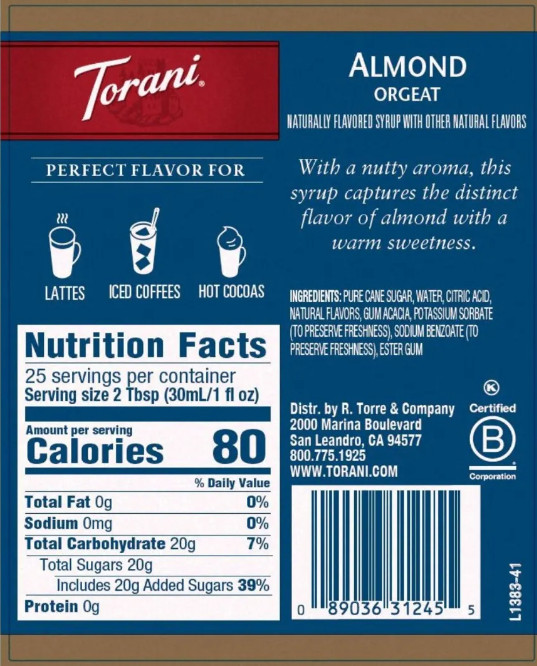Torani Almond Orgeat Syrup ( 750mL ) | Premium Coffee & Cocktail Flavoring