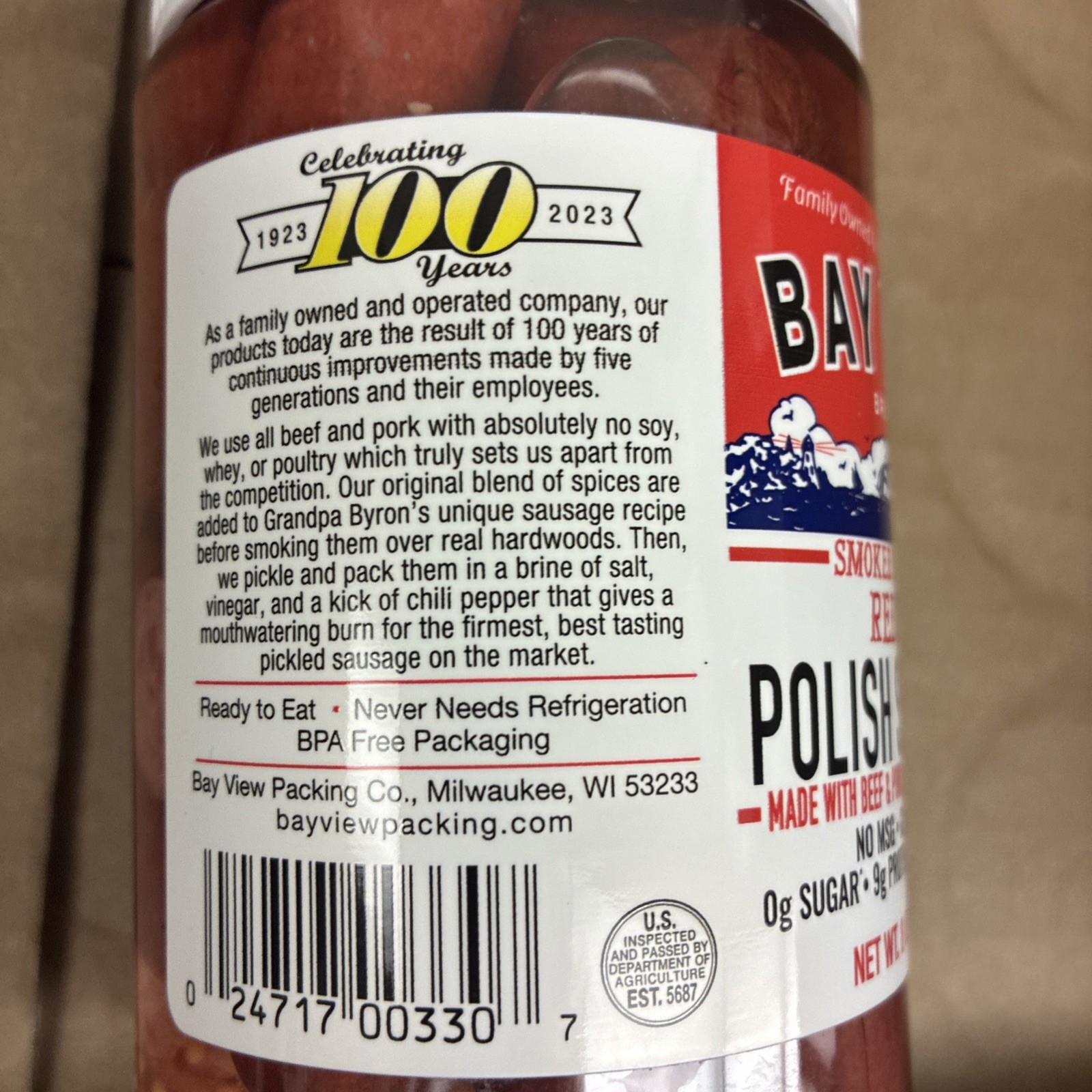 Bay View Smoked Pickled RED HOT Sausage Beef Pork Gluten Free, 8 oz 2 Jars