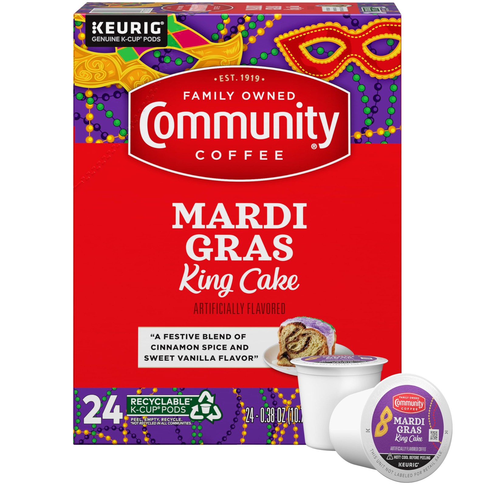 Community Coffee Mardi Gras King Cake Flavored 24 Count 24 (Pack of 1)
