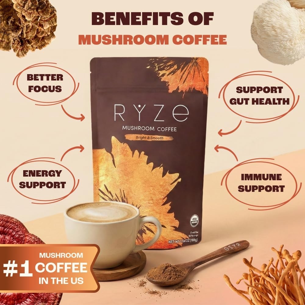 RYZE MUSHROOM Coffee new 30 Servings USDA Organic Gut Health Supplement