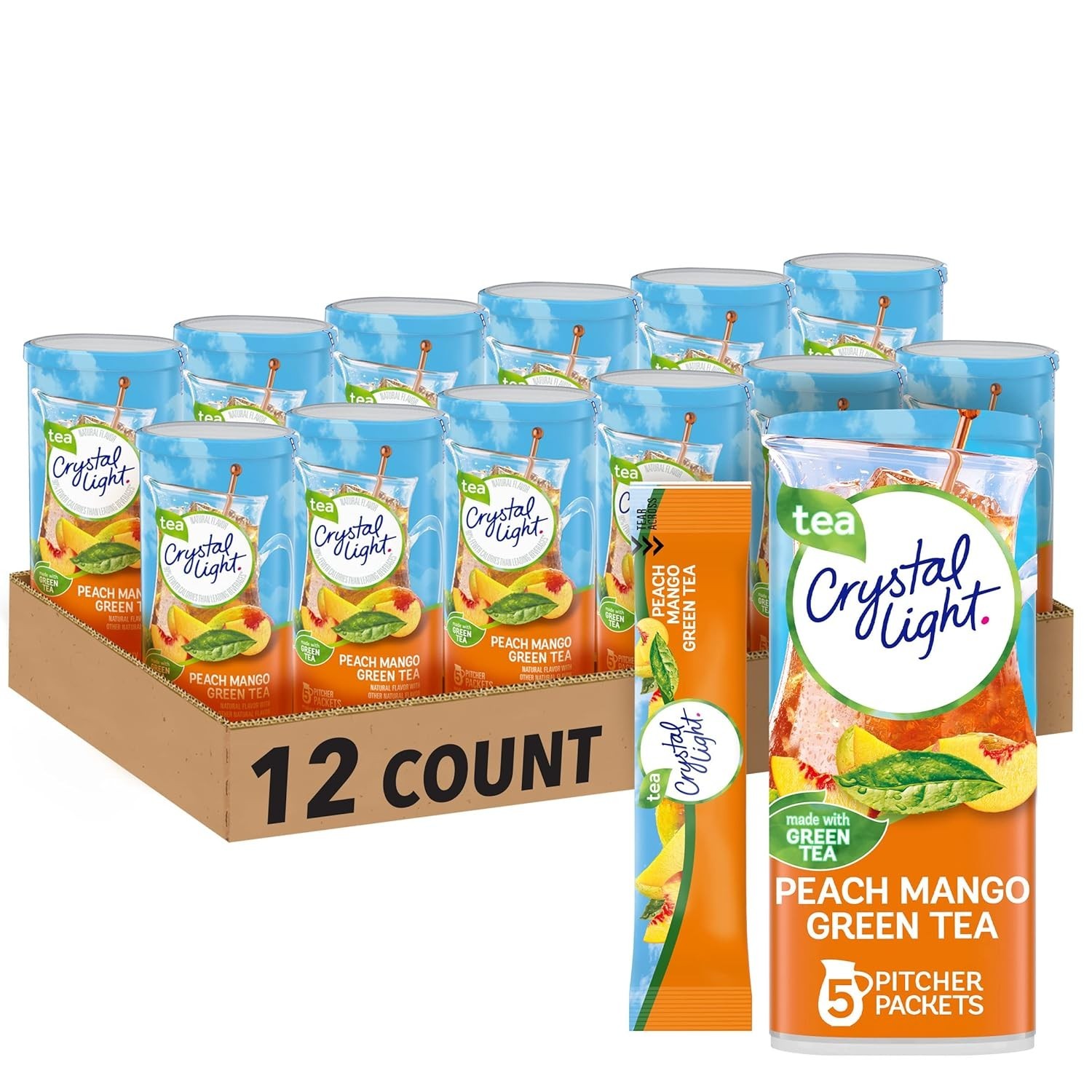 Crystal Light Powdered Drink Mix, 60 Pitcher pkts, Peach Mango Green Tea
