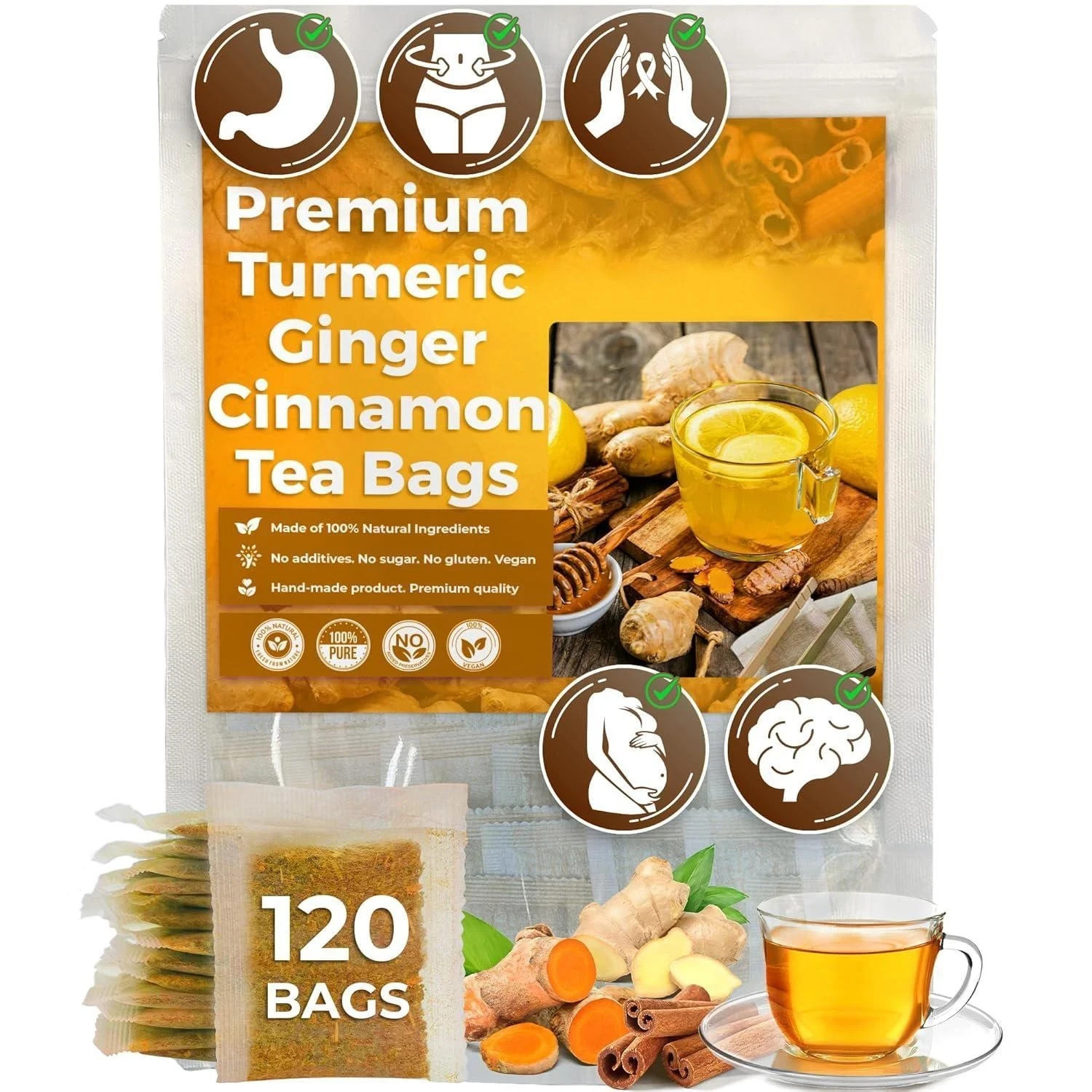 Premium Turmeric Ginger Cinnamon Tea Bags, 100% Natural &No Additive Support