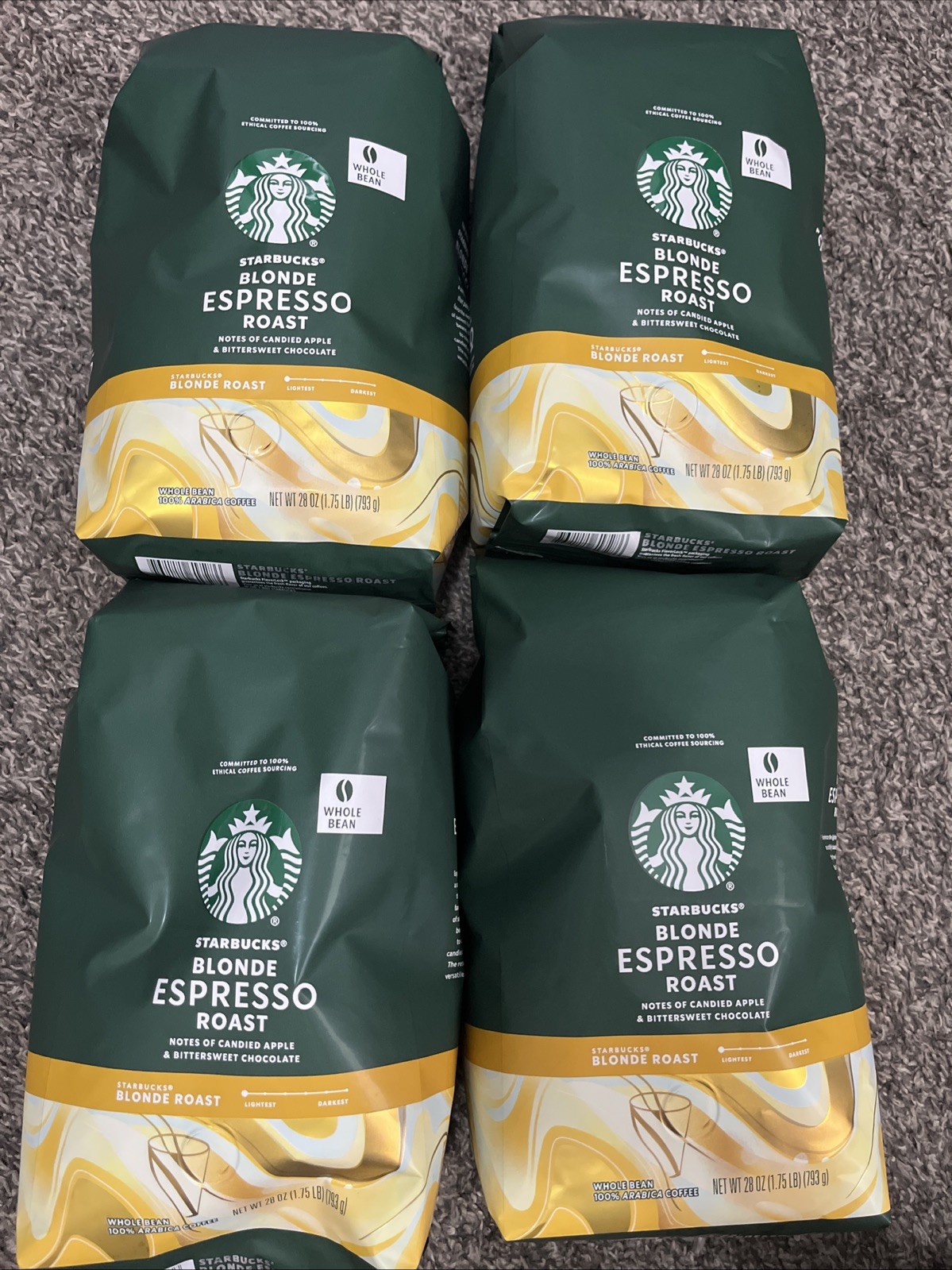 4 bag Starbucks LOT Veranda Blend Blonde LIGHT Roast WHOLE BEAN Coffee 28 oz 7LB
