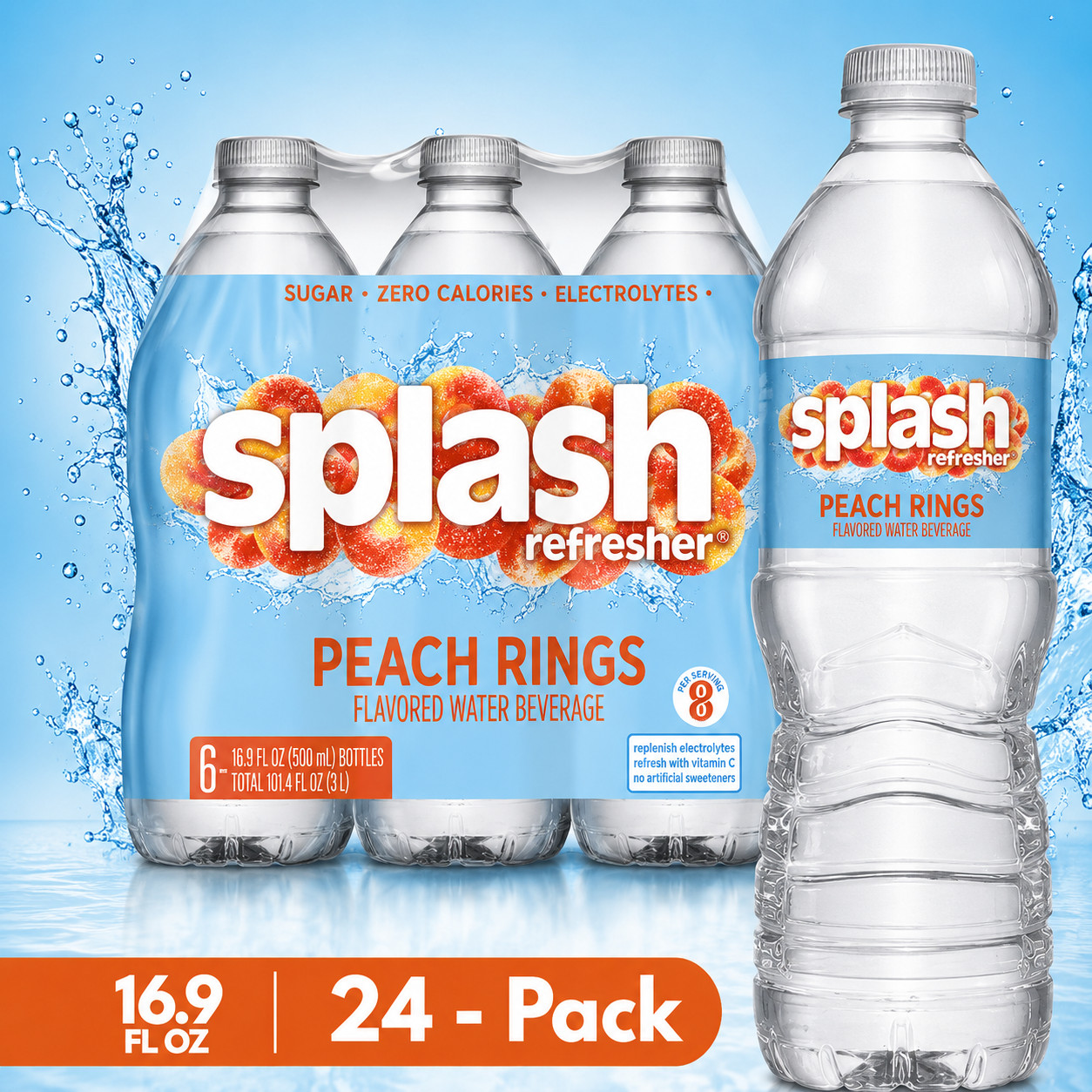 SPLASH Refresher Peach Rings Sparkling Water 16.9 oz Bottles 24 Pack Drink New