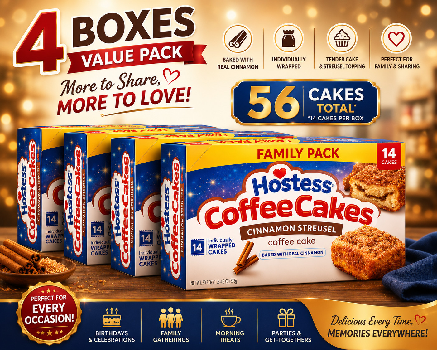 Hostess Cinnamon Streusel Coffee Cakes (Family Pack) – 14 Count, 20.3oz 4 packs