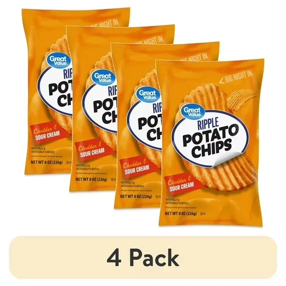 (4 pack) Great Value Rippled Cheddar & Sour Cream Potato Chips, 8 oz Bag