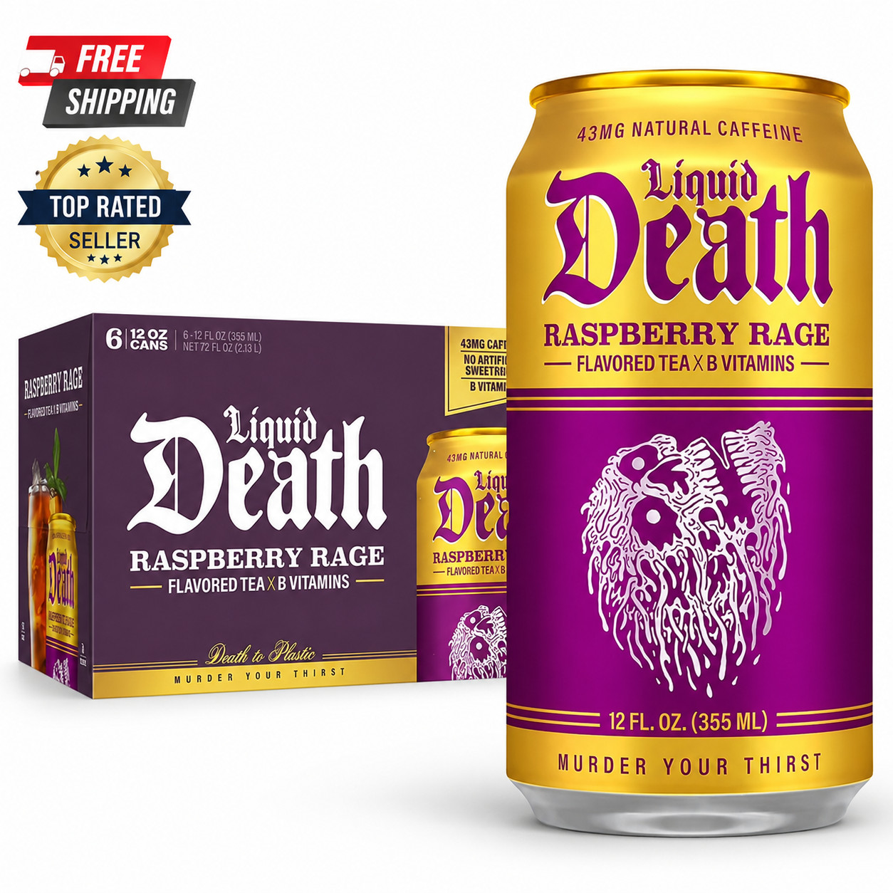 Liquid Death Raspberry Rage Iced Tea 6-Pack 12oz Cans Less Sugar Caffeinated