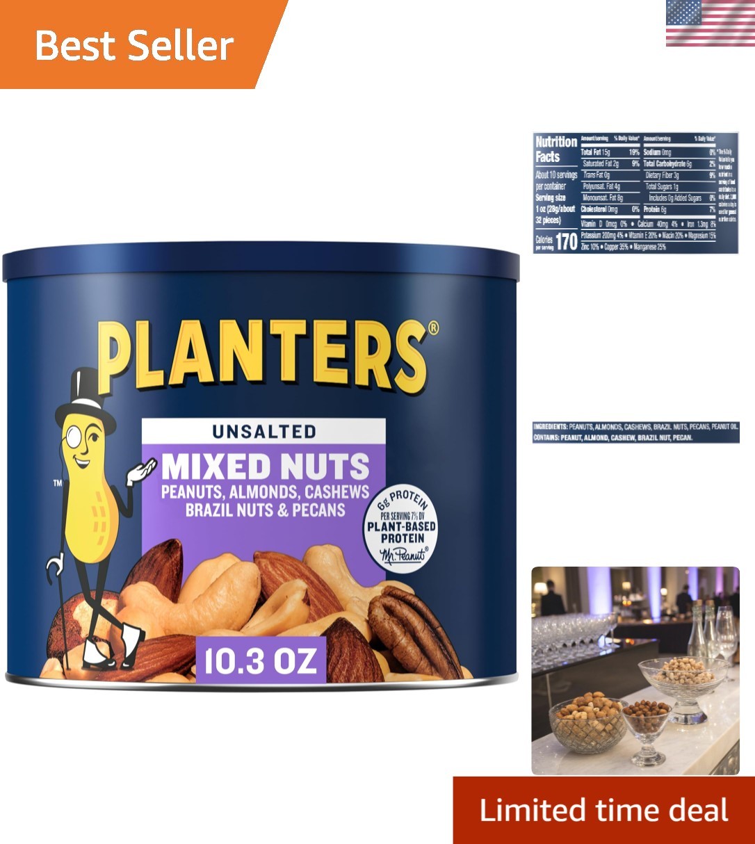 Gourmet Unsalted Mixed Nuts – 10.3 oz Canister of Plant-Based Protein Snacks