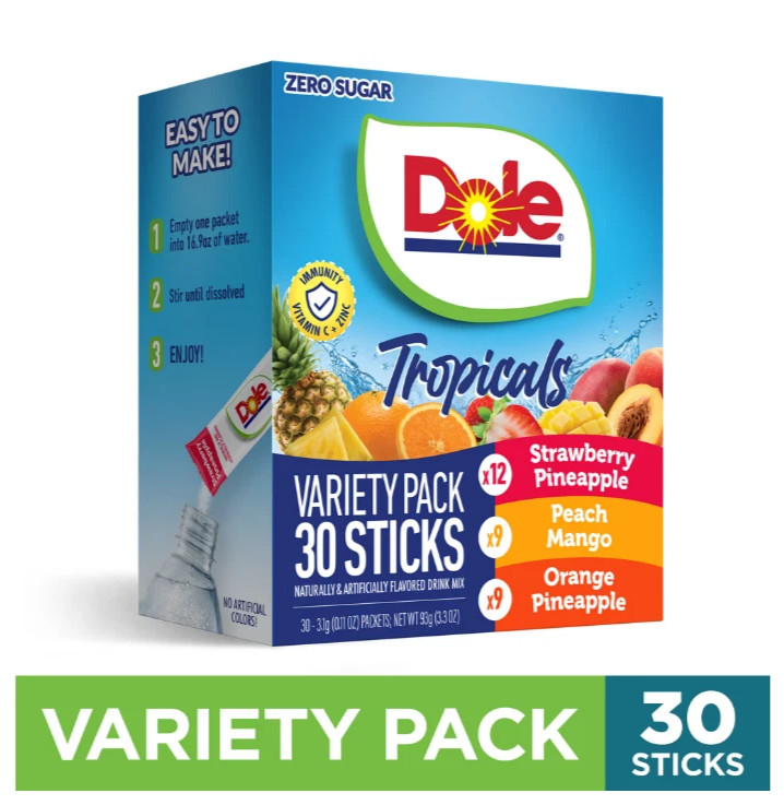 Dole Powder Drink mix variety Pack Tropical Peach Mango & Fruit Sugar Free 30 Ct