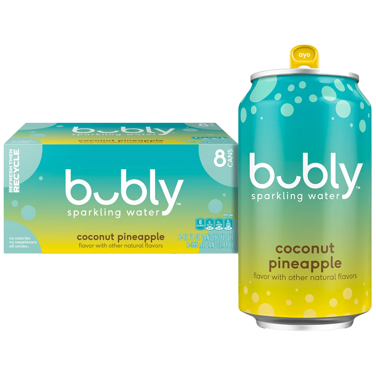 bubly Summer Coconut Pineapple Sparkling Water, 12 fl oz, 8 Pack Cans