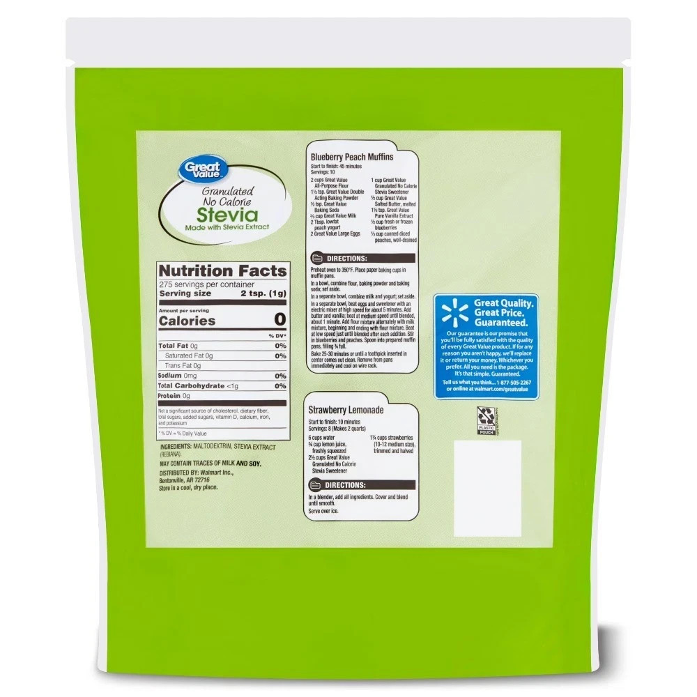 Great Value Granulated Stevia Sweetener, No Calorie, 9.7 oz