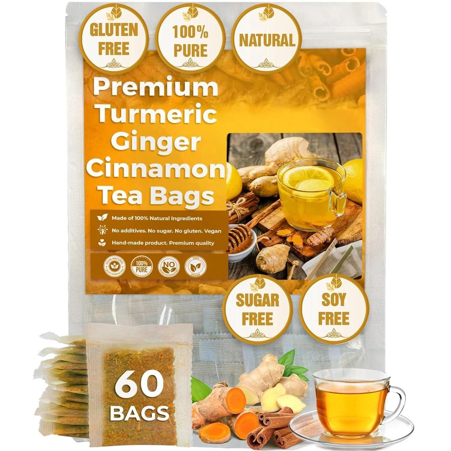 Premium Turmeric Ginger Cinnamon Tea Bags, 100% Natural &No Additive Support