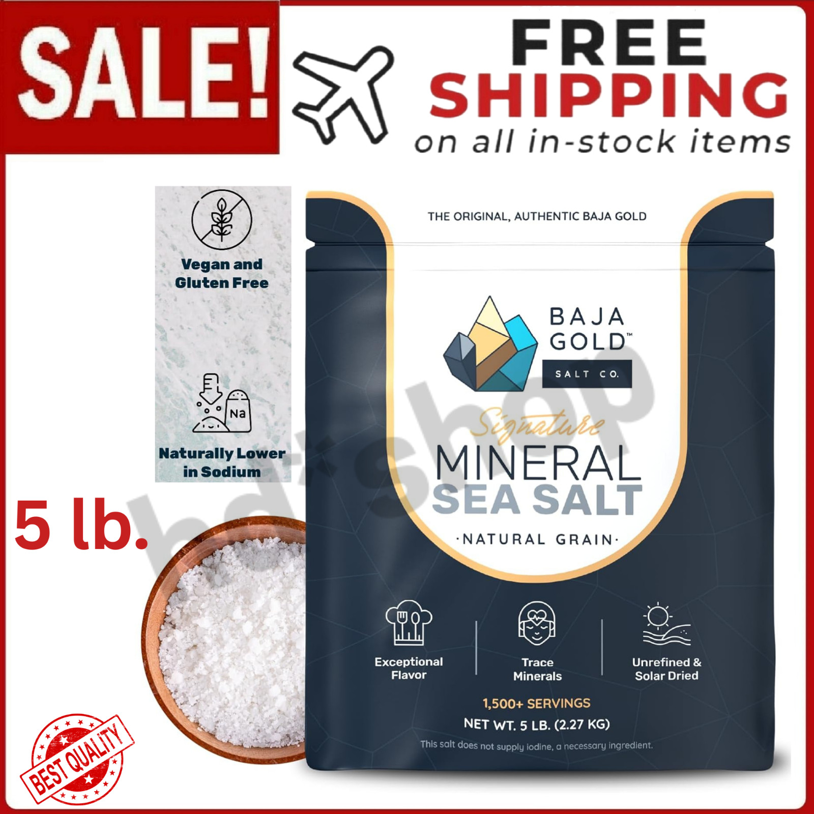 Baja Gold Mineral Sea Salt, Organic Natural Grain Crystals, 5 Lb Bag Resealable
