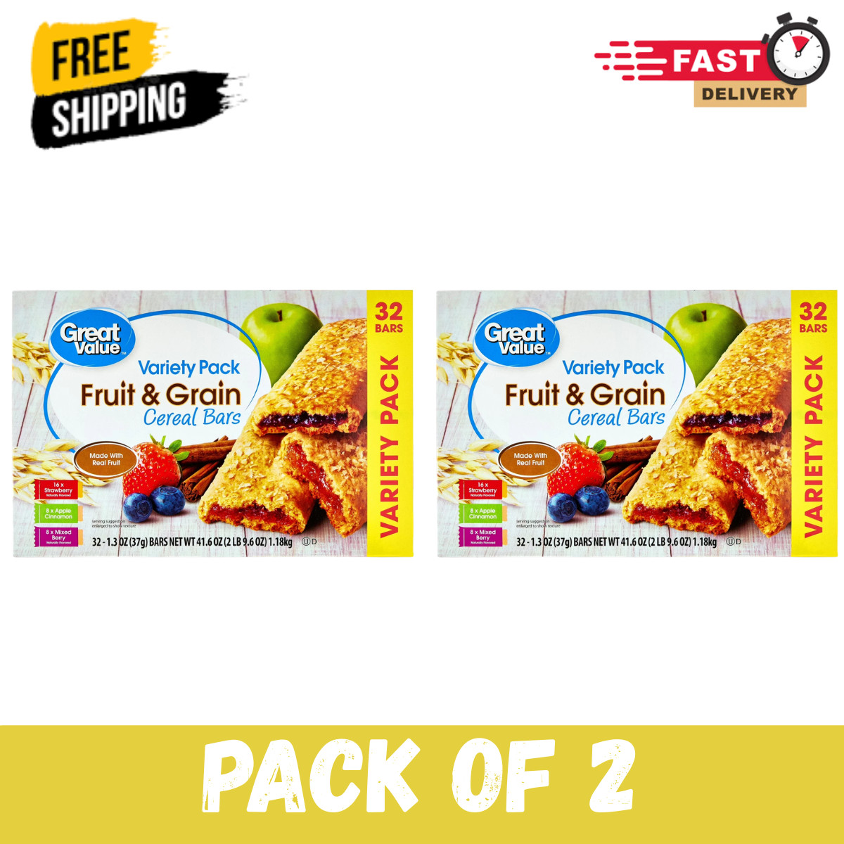 Great Value Fruit & Grain Cereal Bars,Variety Pack, 1.3 oz, 32 Count (Pack of 2)