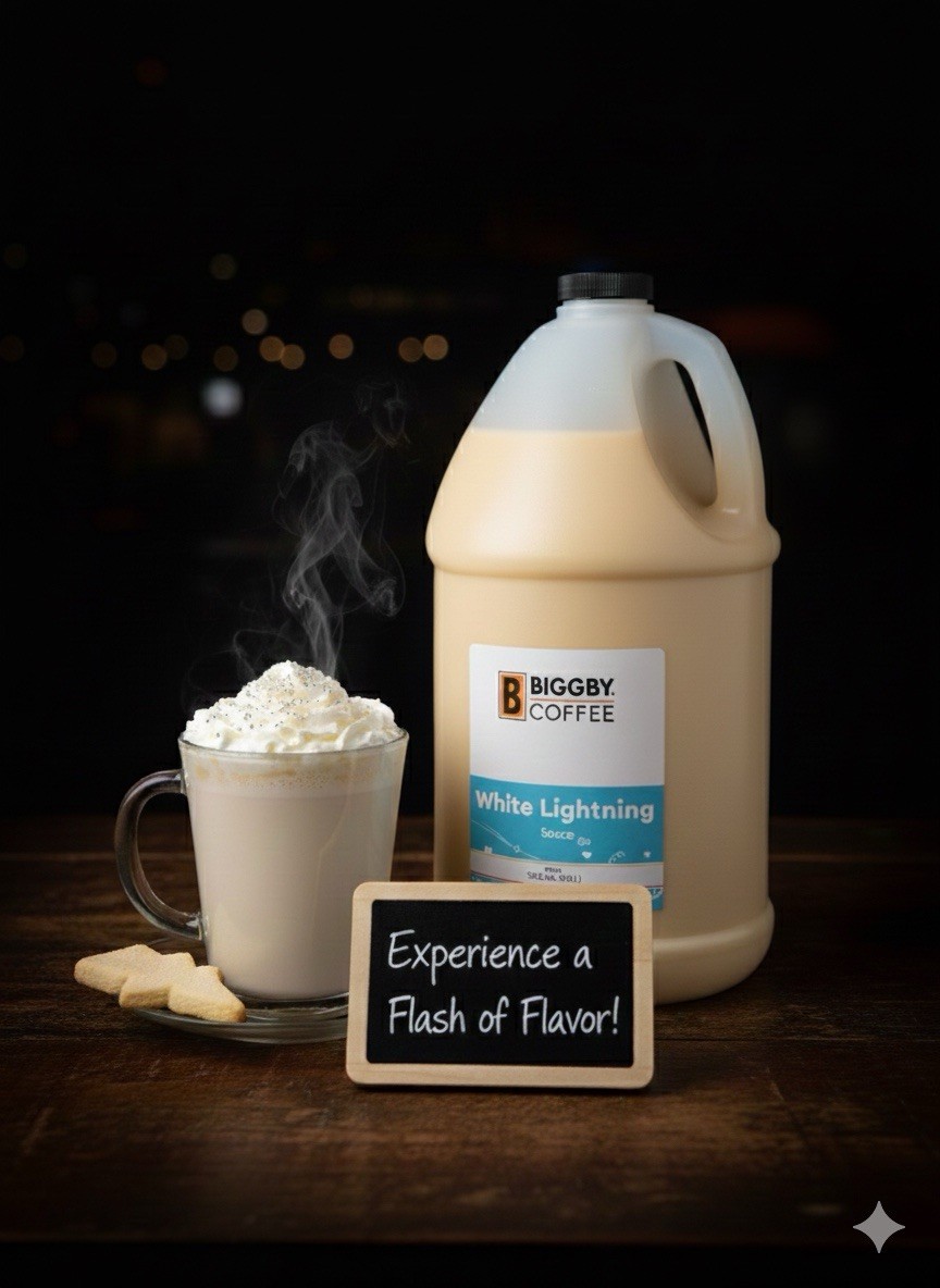 BIGGBY COFFEE WHITE LIGHTNING THICK SAUCE / SYRUP FRESH 128 FL OZ UNOPENED NEW