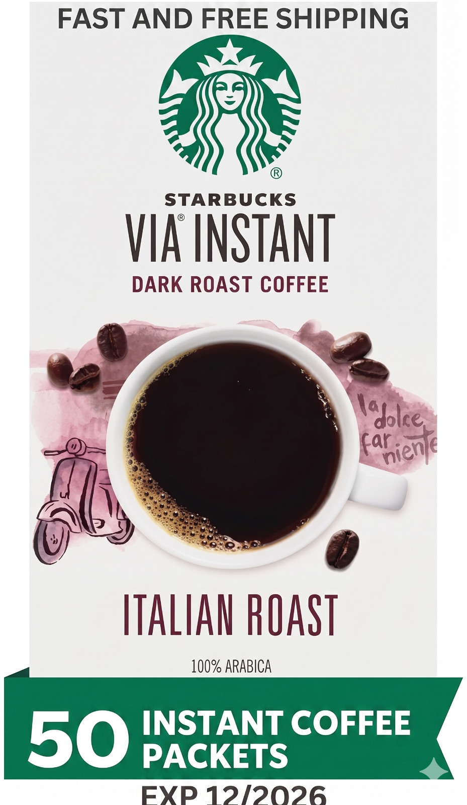 Starbuck VIA Instant Coffee Italian Dark Roast 50 Packets 100% Arabica EXP 12/26