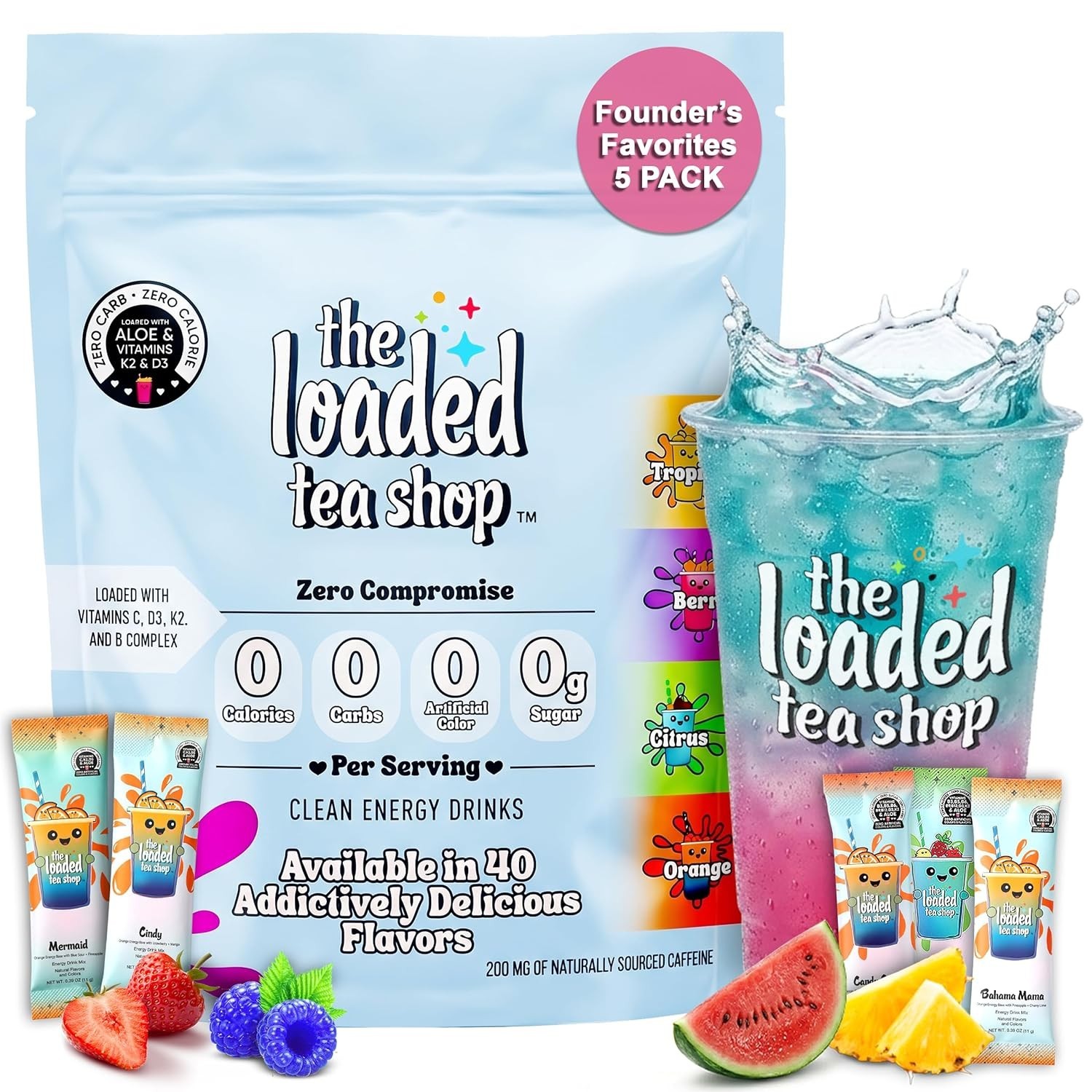 The Loaded Tea Shop Energy Drink Mix Sticks, Founder’s Favorites 5 Pack, Sugar-F