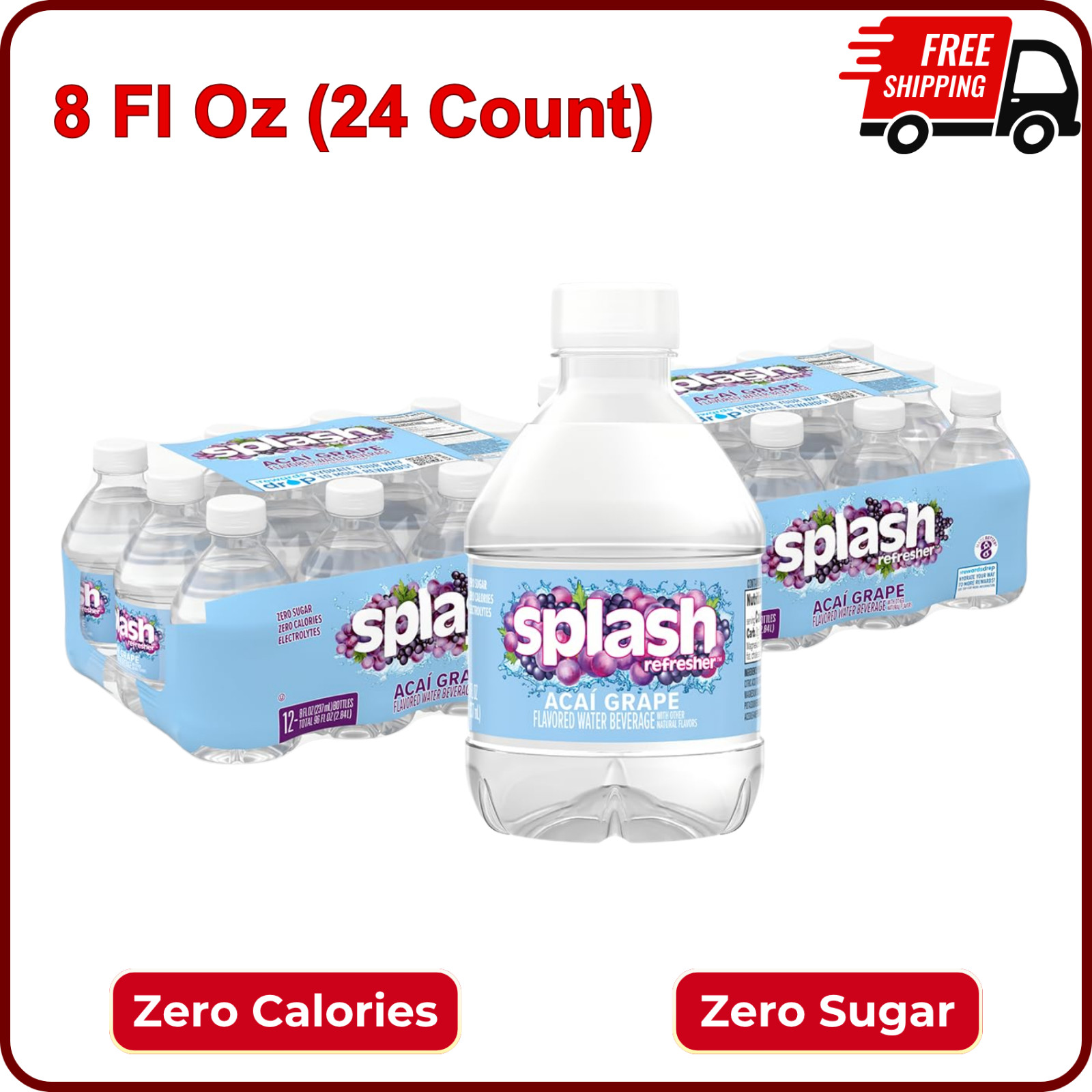 Splash Refresher Acai Grape Flavor Water Beverage, 8 Fl Oz Plastic Bottles 24CT