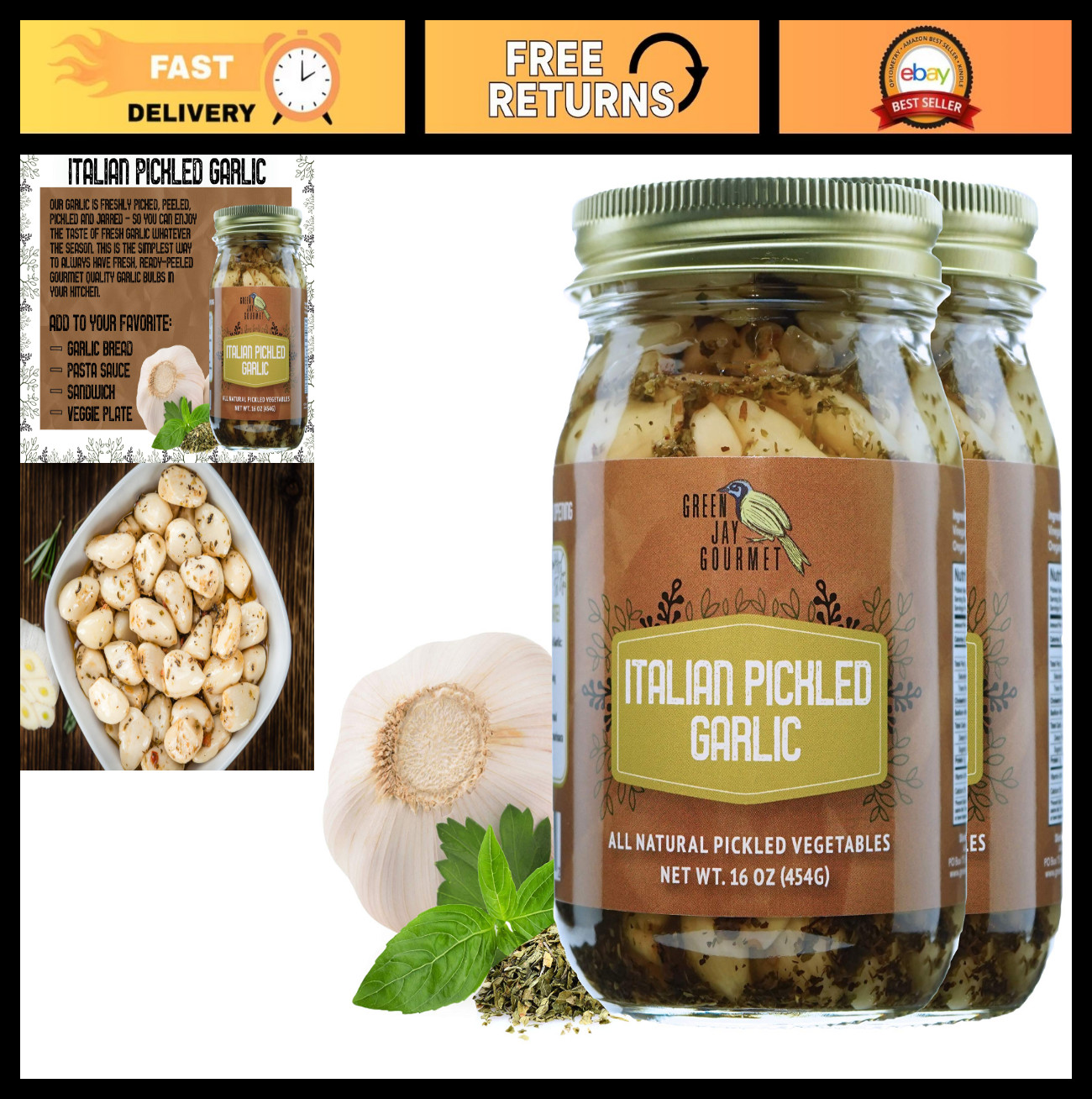 Gourmet Pickled Garlic Cloves – Italian Style, Fresh Garlic Bulbs, 2 x 16 Oz Jar