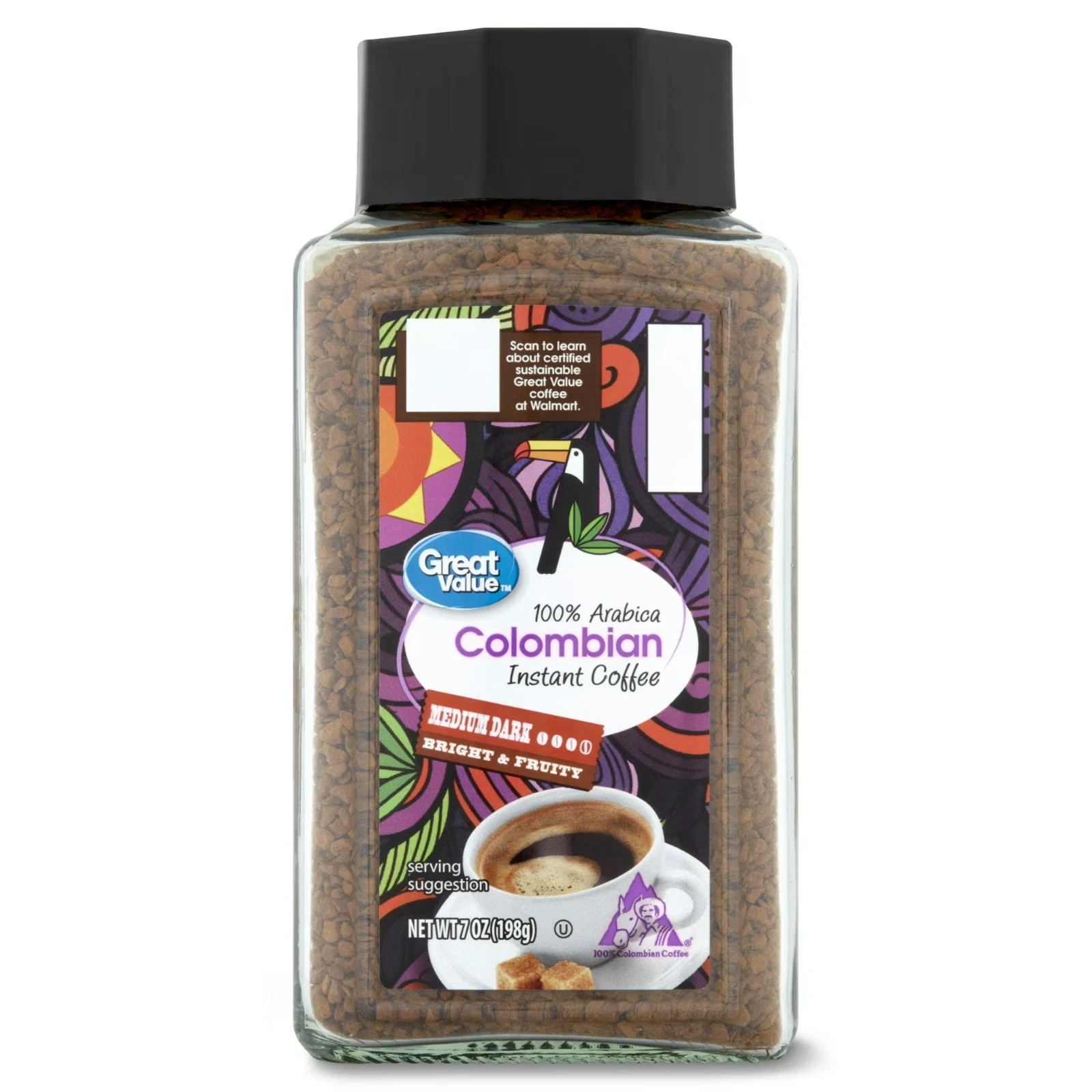 Great Value 100% Arabica Colombian Medium-Dark Roast Instant Coffee, 7 oz…