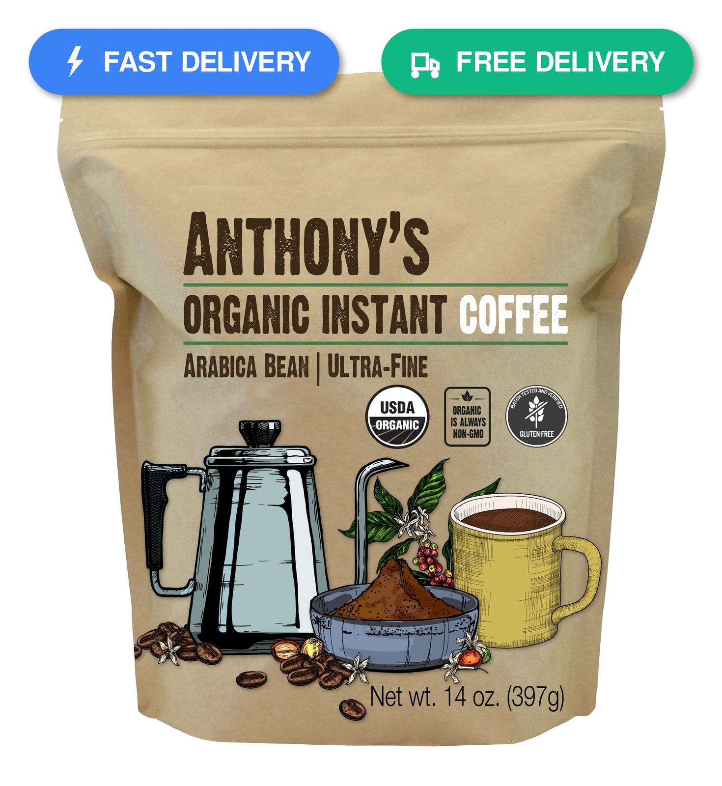 Anthony’s Organic Instant Coffee,14oz, Ultra Fine Microground, Gluten Free,…