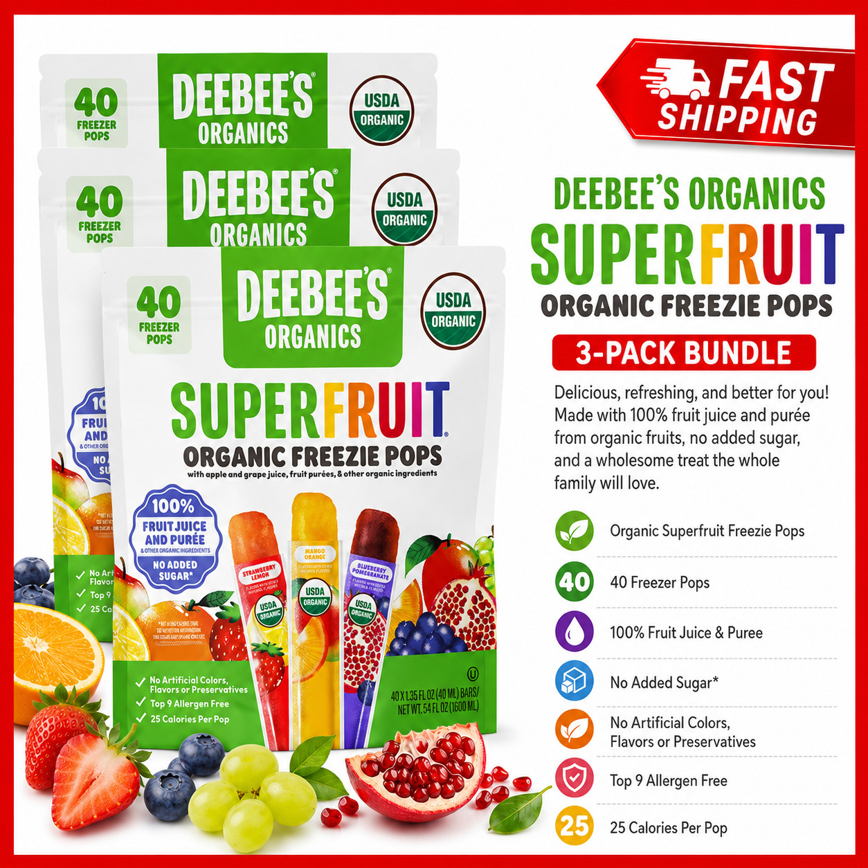 3-Pack Deebee’s Organic Superfruit Freezie Pops Variety, 1.35 fl oz, 40-count