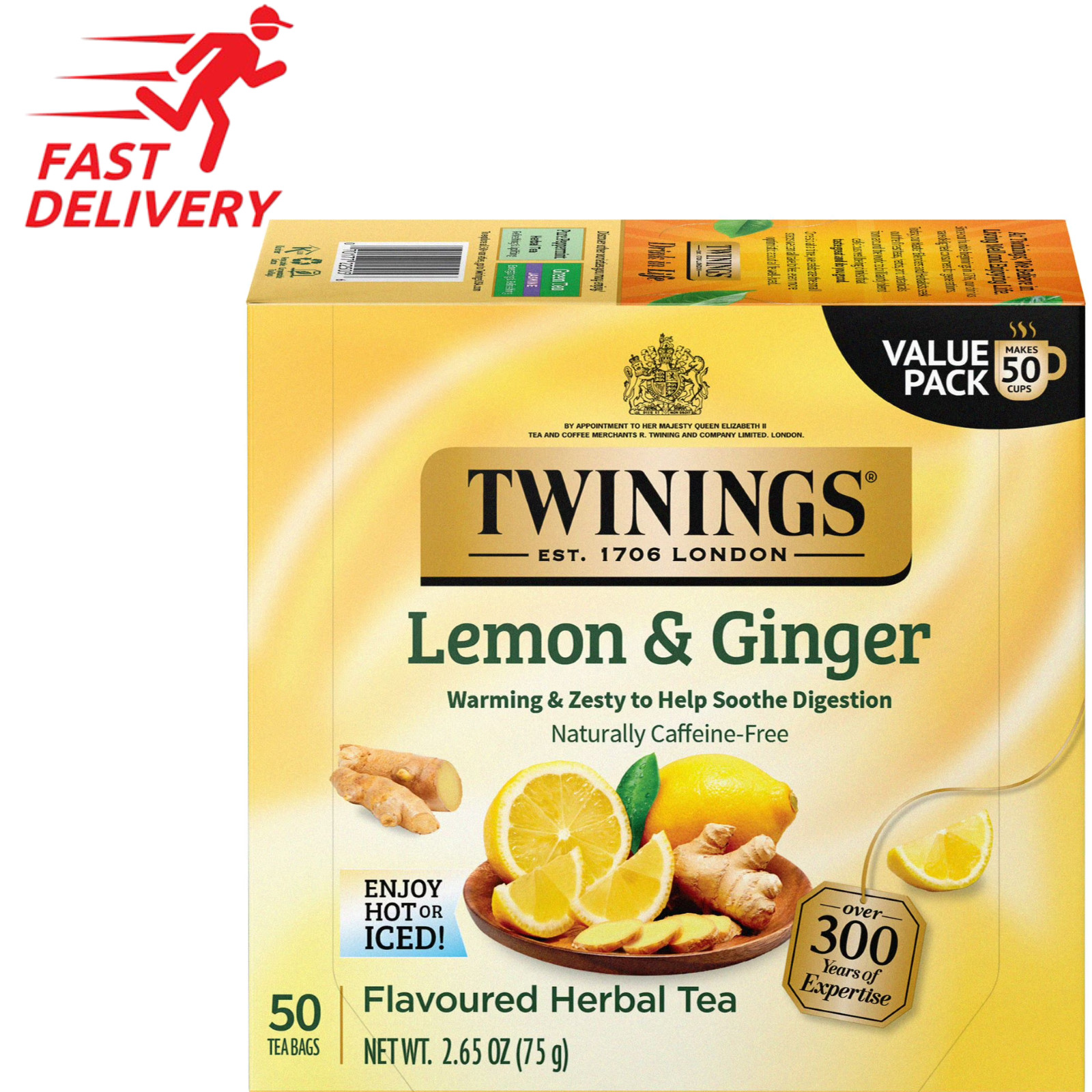 Twinings Lemon & ginger herbal Tea Bags, Caffeine Free, 50 Count Box.