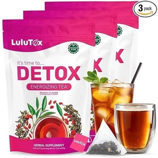 LULUTOX Detox Tea Peach Herbal Blend Dandelion Ginseng Ginger 3 Packs 84 Bags