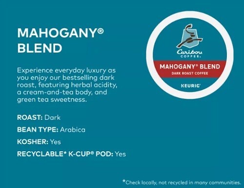 Caribou Coffee Mahogany Blend Coffee, Dark roast, 96ct. Free Shipping