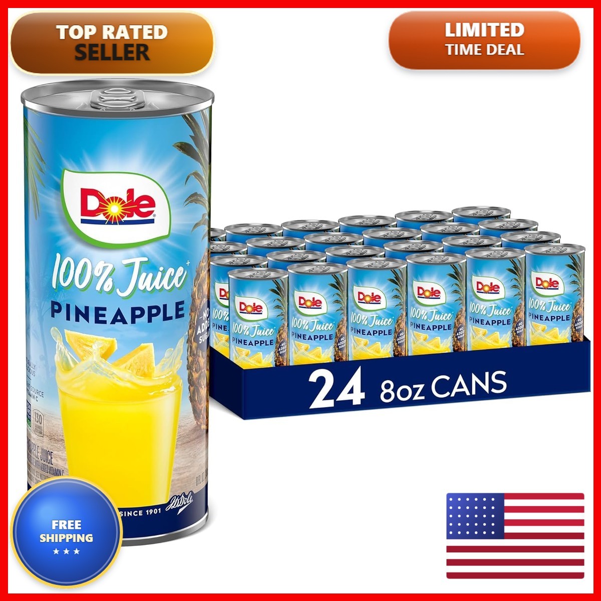 Dole 100% Pineapple Juice, 8.0 Fl Oz, Pack of 24